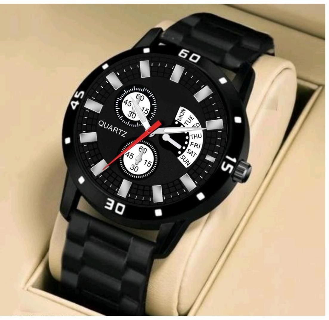 Analog Watch - For Men Black AV dial Bumpper Pu Belt Men and Boy Watch-image-3