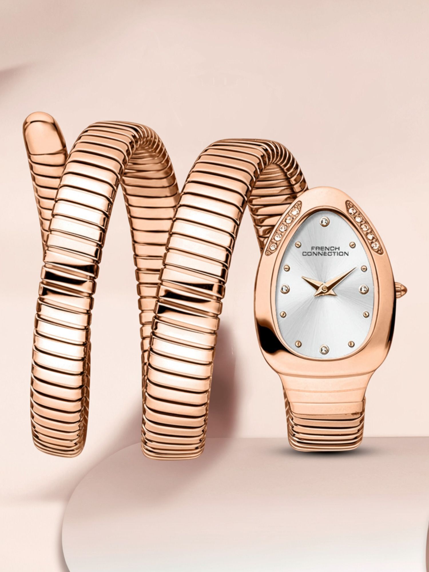 french connection The Mystic Curve Women's Rose Gold Watch | Rhinestones Silver Sunray Dial Analog Watch - For Women FCN0110SRGM-picture-14