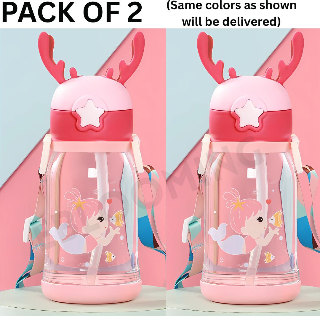 Kids Antlers Cute Cartoon Design Sipper school Bottle for Kids with Strap 600 ml Water Bottles-image-3