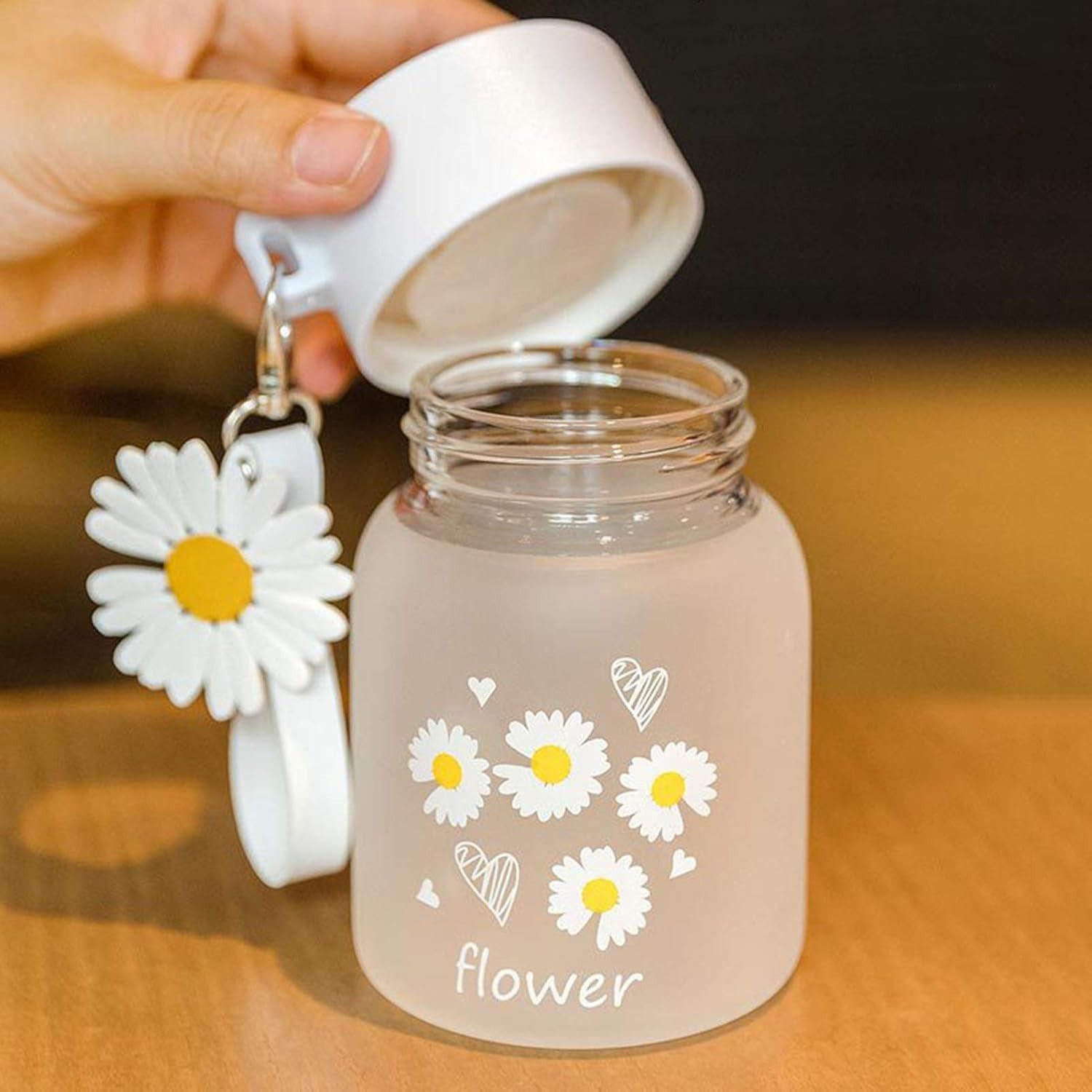 Daisy Frosted Glass Water Bottle with Flower Charm and Lid 300 ml Water Bottle-image-47