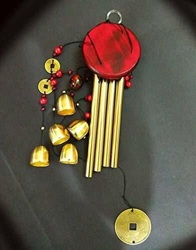 :) Shanol :) Brown 5 steel bell 4 pipe Wind Chime for decoration, Brass Metal Pipe Bell FENG Shui 4 pipe wind chime for Positive Energy in Your Home and also for decoration Garden, office, balcony, entrance, door, kitchen decor (22 inch, brown ) well made and vibrant colours...:) Aluminium, Steel, Wood Windchime-image-42