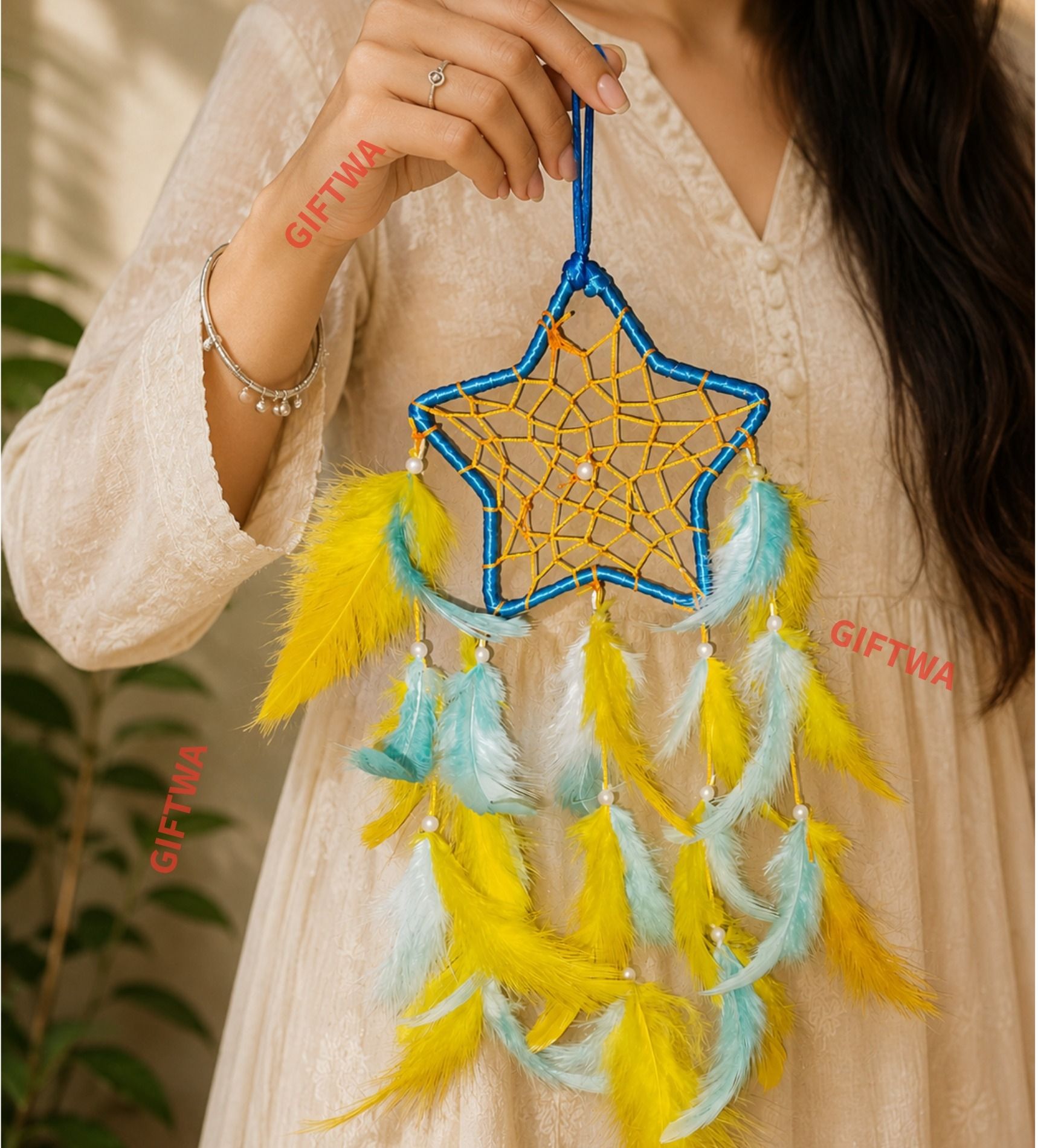 Handcrafted Star Dream Catcher with Colorful Feathers | Boho Room Decor Hanging Steel, Feather Dream Catcher-image-21