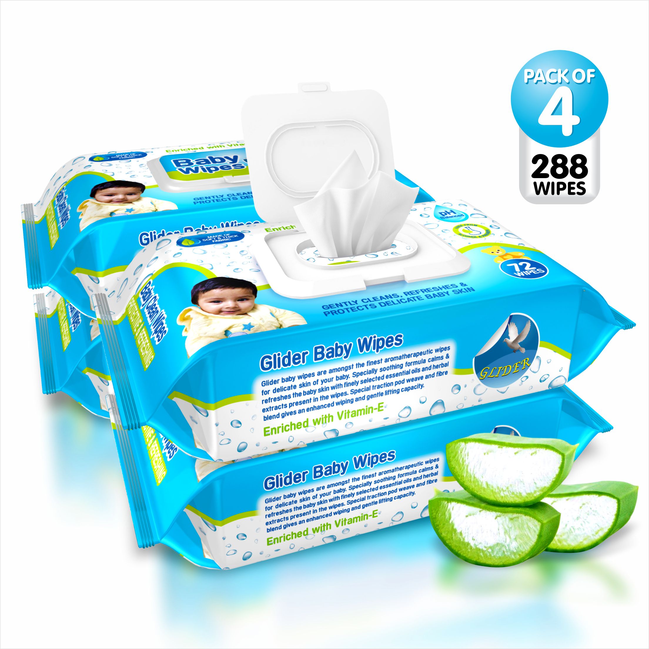 Baby Wipes with Flip-Top , Aloe Vera & Vitamin E (Pack of 4