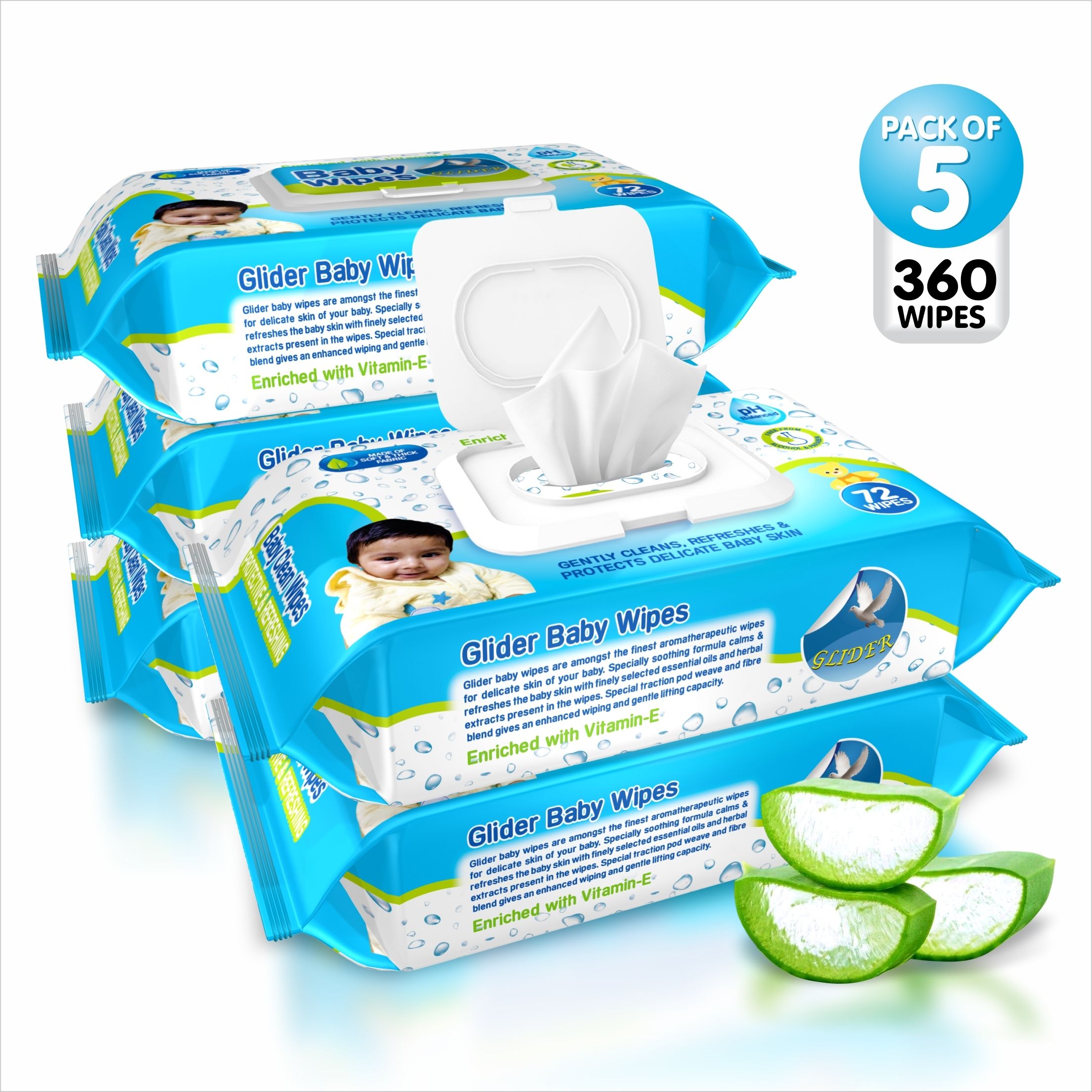 Baby Wipes - with Moisture Lock Flip-Top , Contains Aloe Vera & Vitmain E , pH balanced with No Parabens & Chlorine - Pack of 5