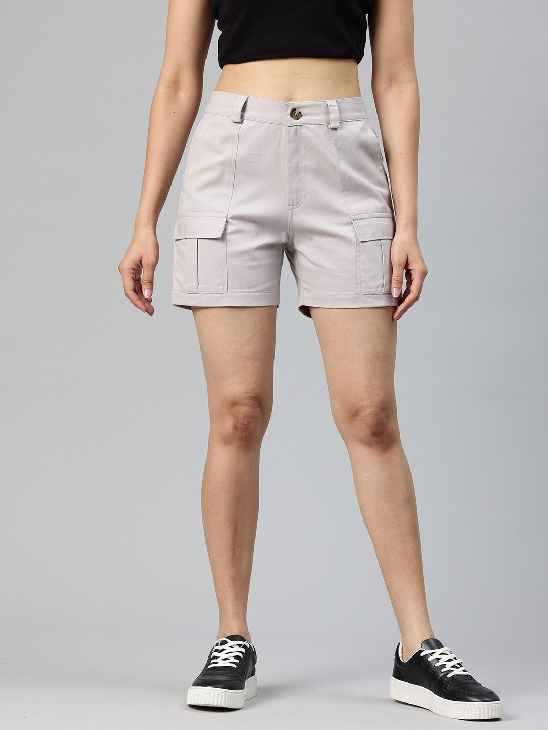 popnetic Solid Women Grey Cargo Shorts-picture-11