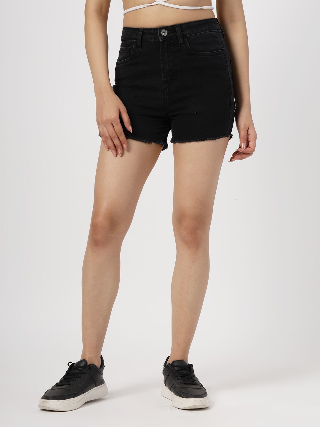 Solid Women Denim Black Denim Shorts-image-12