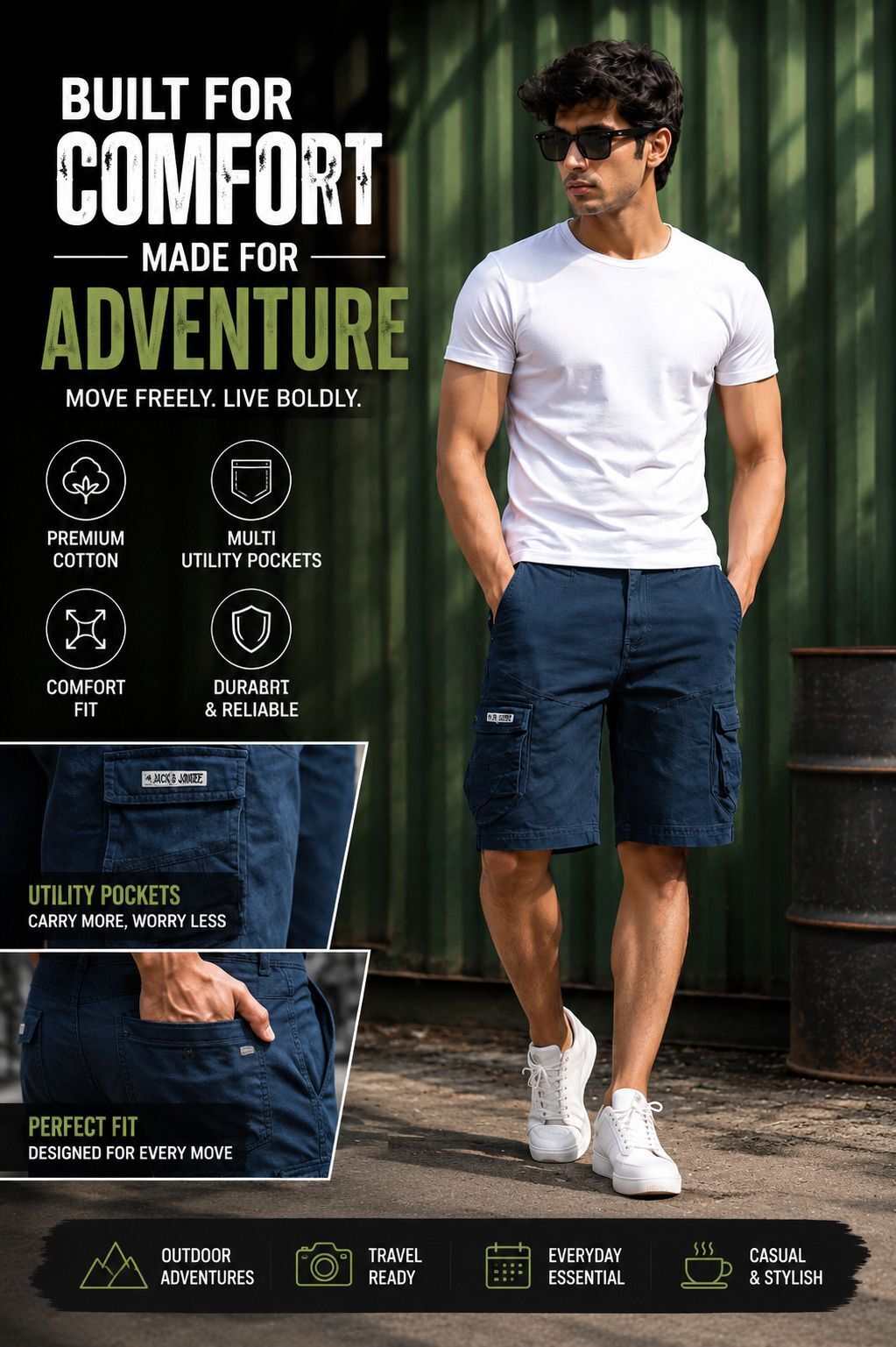 Solid Men Blue Cargo Shorts-image-1