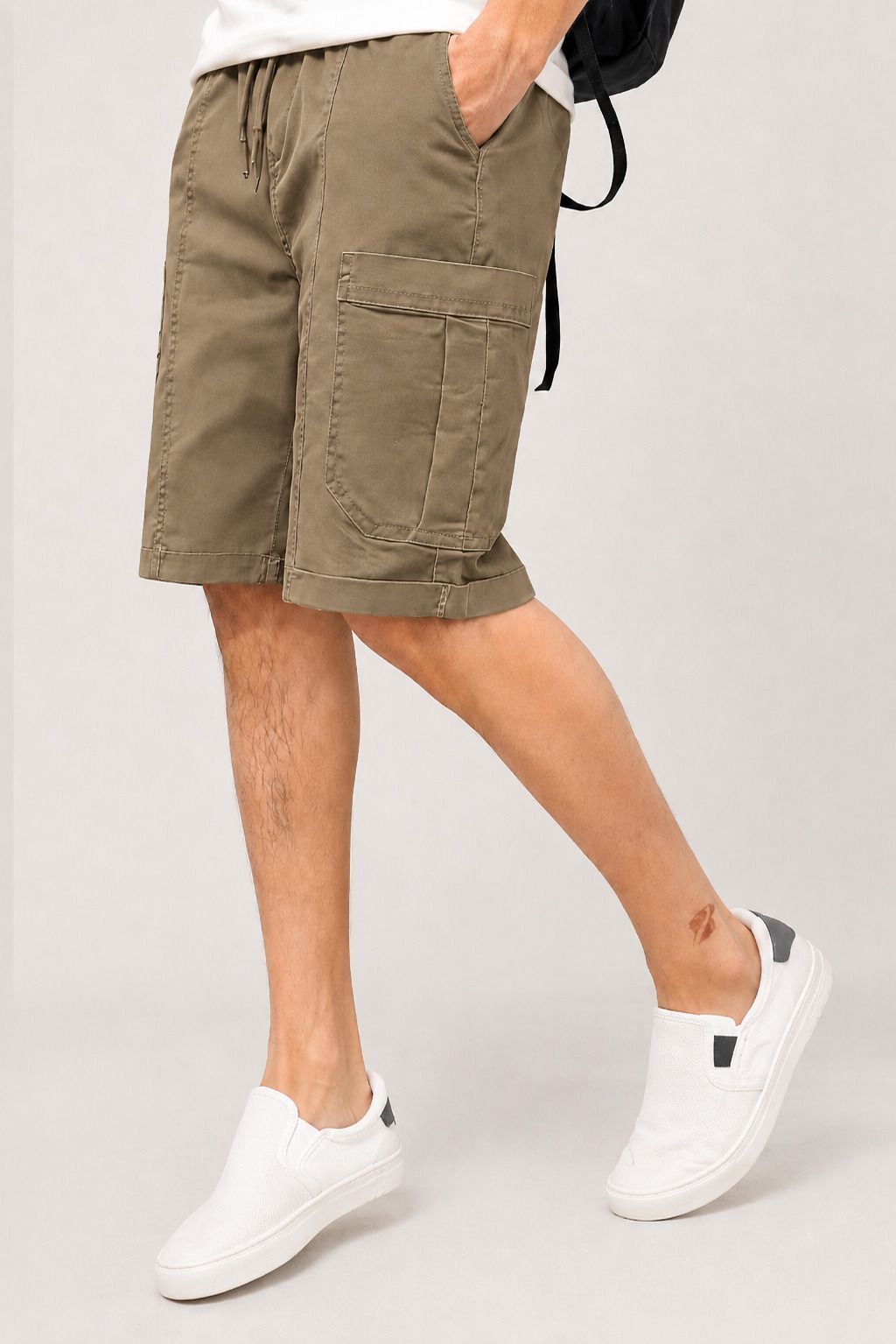Solid Men Beige Cargo Shorts-image-5