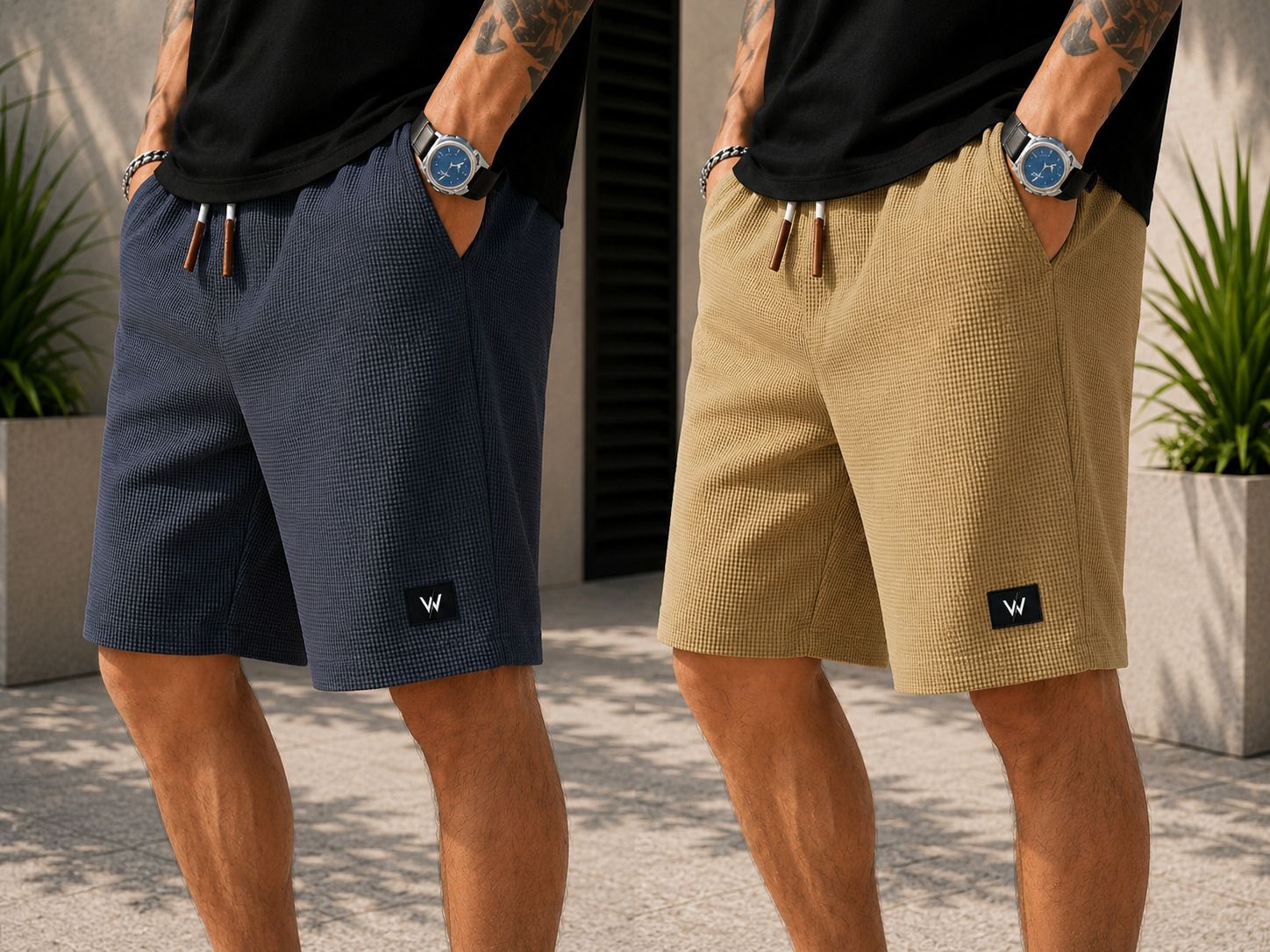 Pack of 2 Self Design Men Grey, Khaki Regular Shorts-image-49