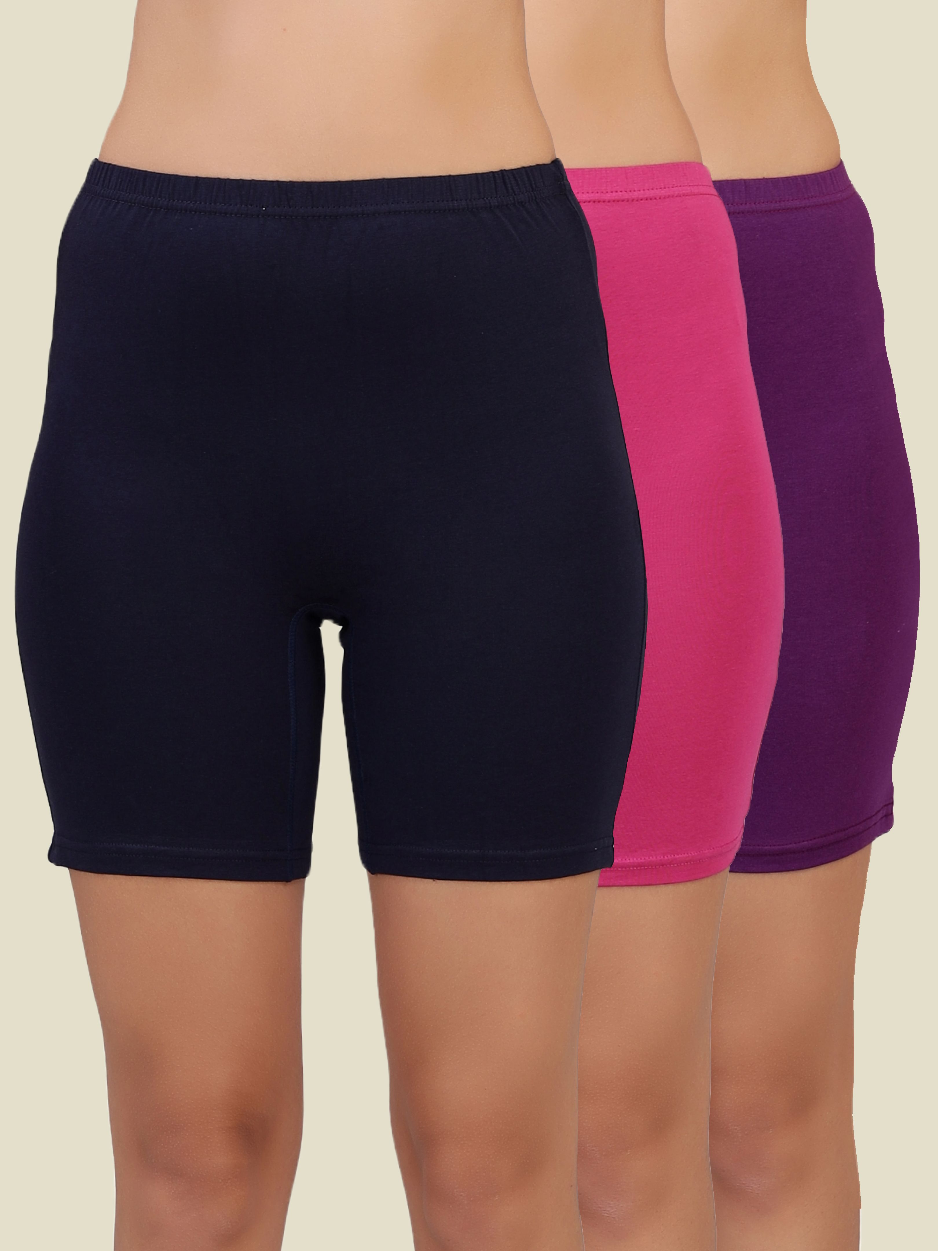 selfcare Pack of 3 Solid Women Dark Blue, Pink, Purple Cycling Shorts, Gym Shorts, Night Shorts, Regular Shorts, Running Shorts-picture-20
