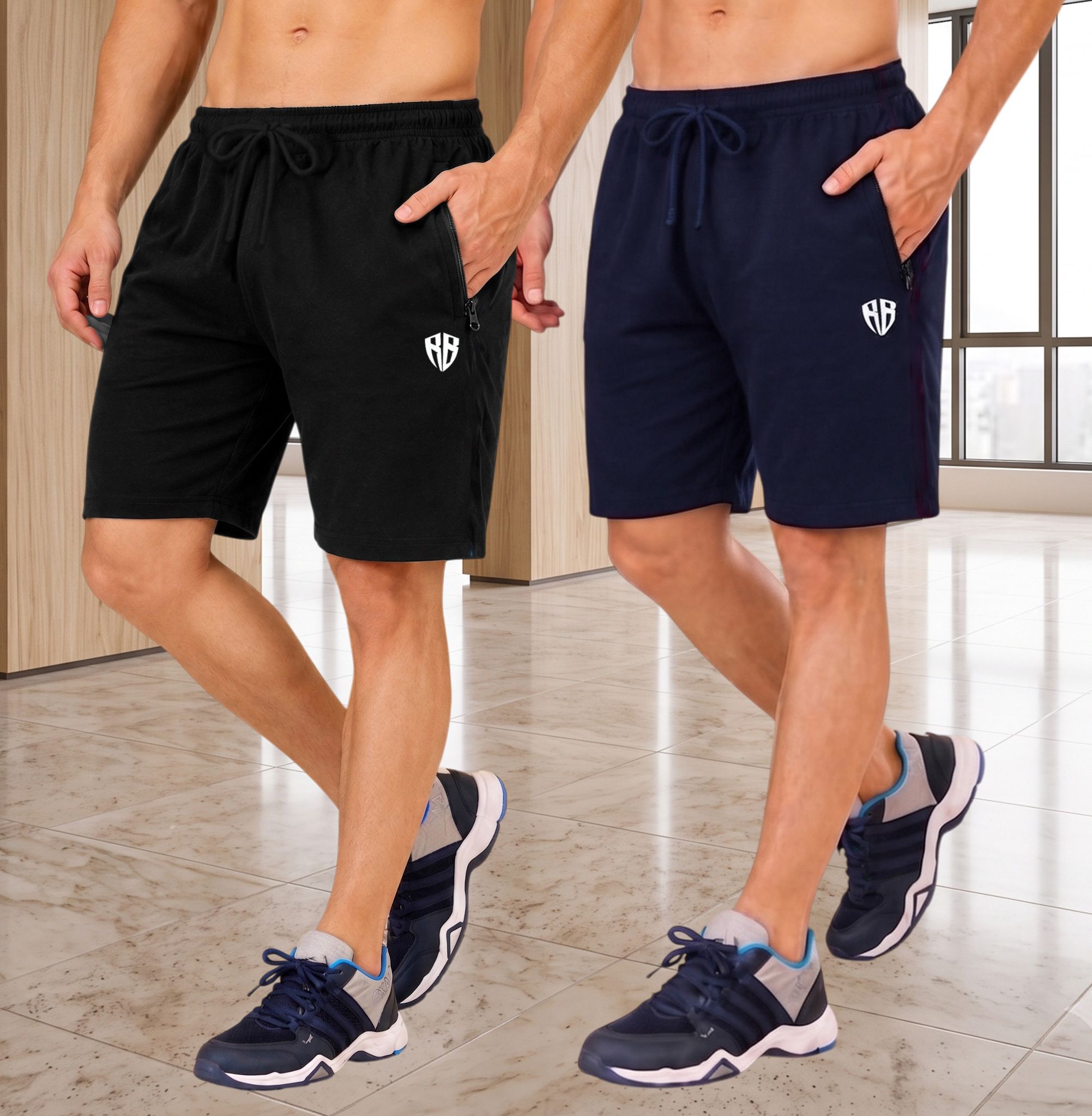 rockbay Pack of 2 Solid Men Black, Dark Blue Regular Shorts-picture-3