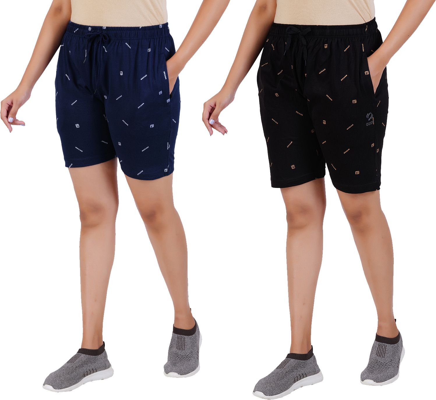 Pack of 2 Printed Women Black, Dark Blue Regular Shorts