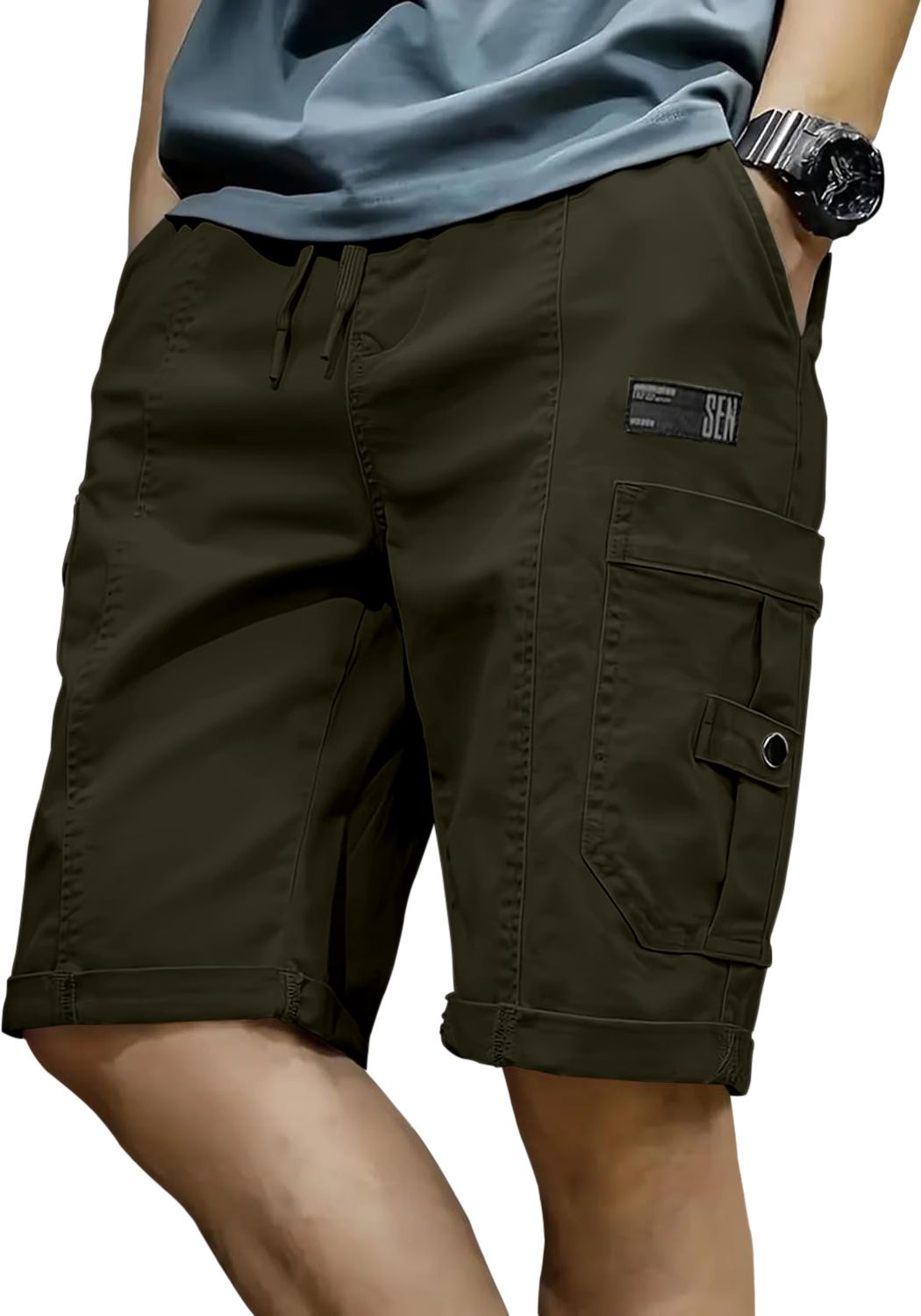 Solid Men Dark Green Cargo Shorts-image-40
