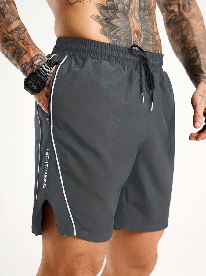Striped Men Grey Gym Shorts-image-4