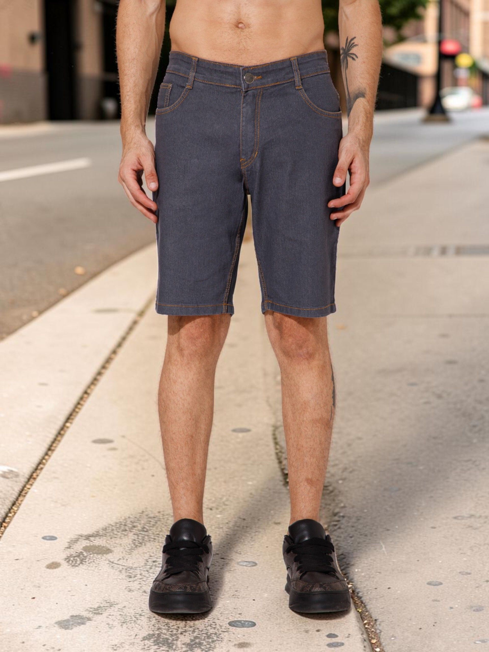 studio nexx Solid Men Dark Grey Denim Shorts-picture-3