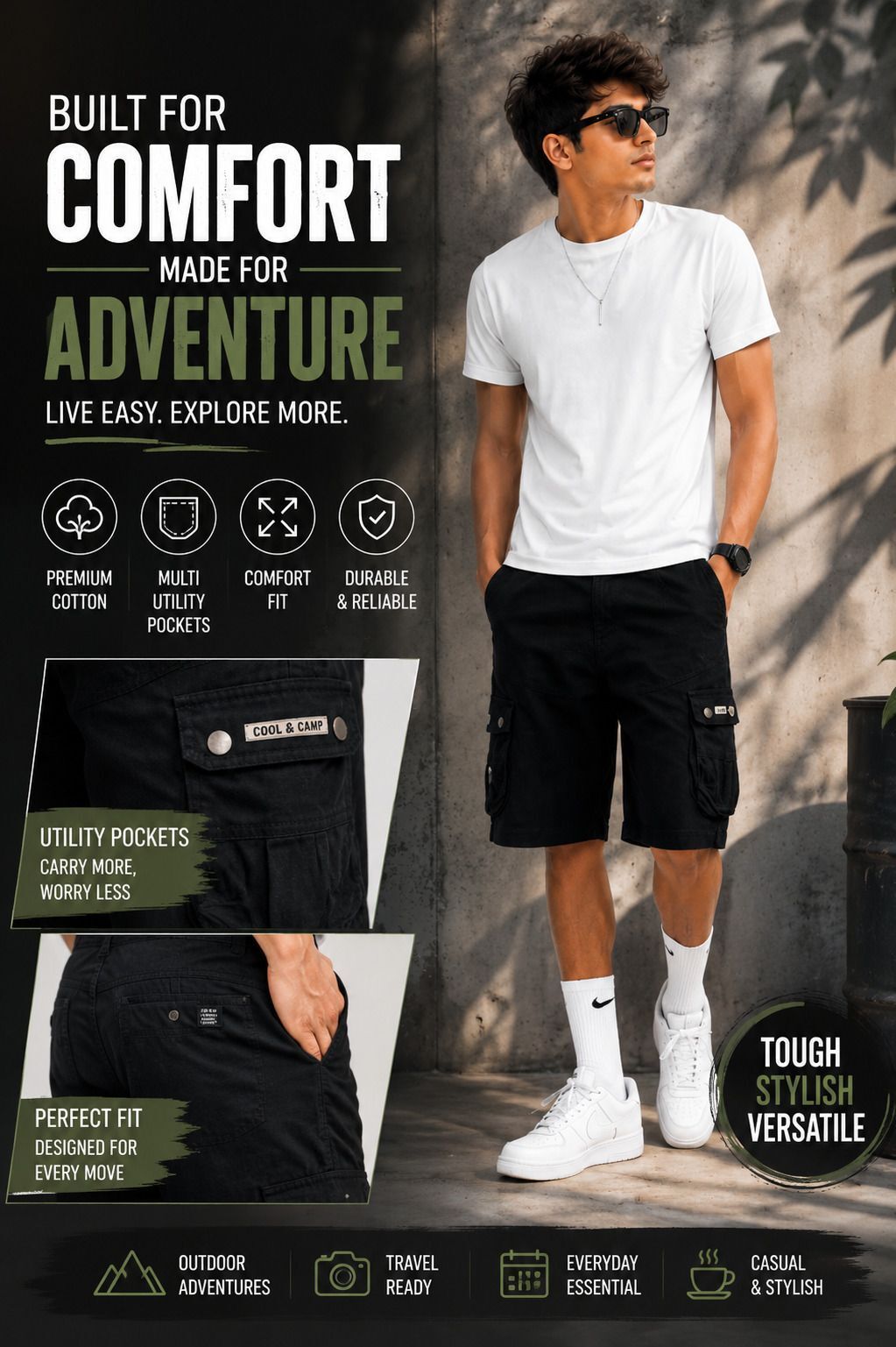 Solid Men Black Cargo Shorts-image-32