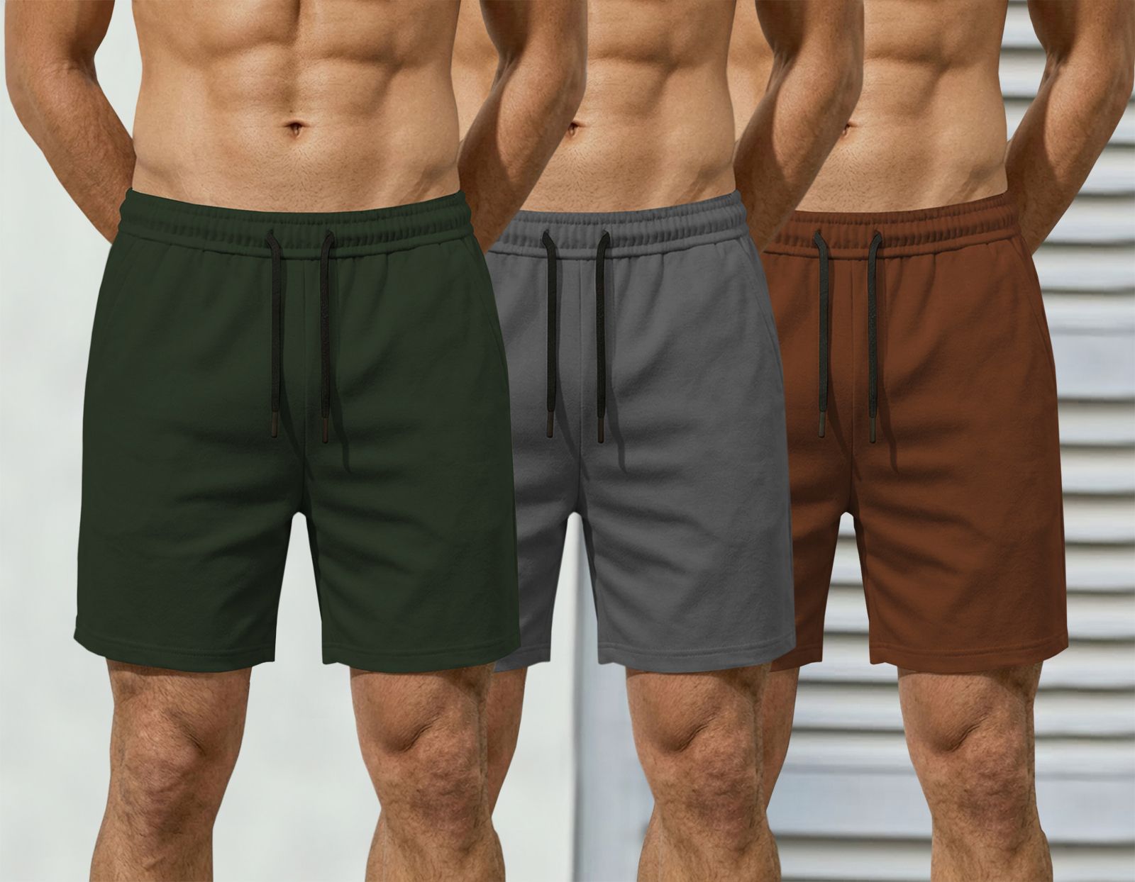 Pack of 3 Solid Men Dark Green, Dark Grey, Brown Regular Shorts-image-4