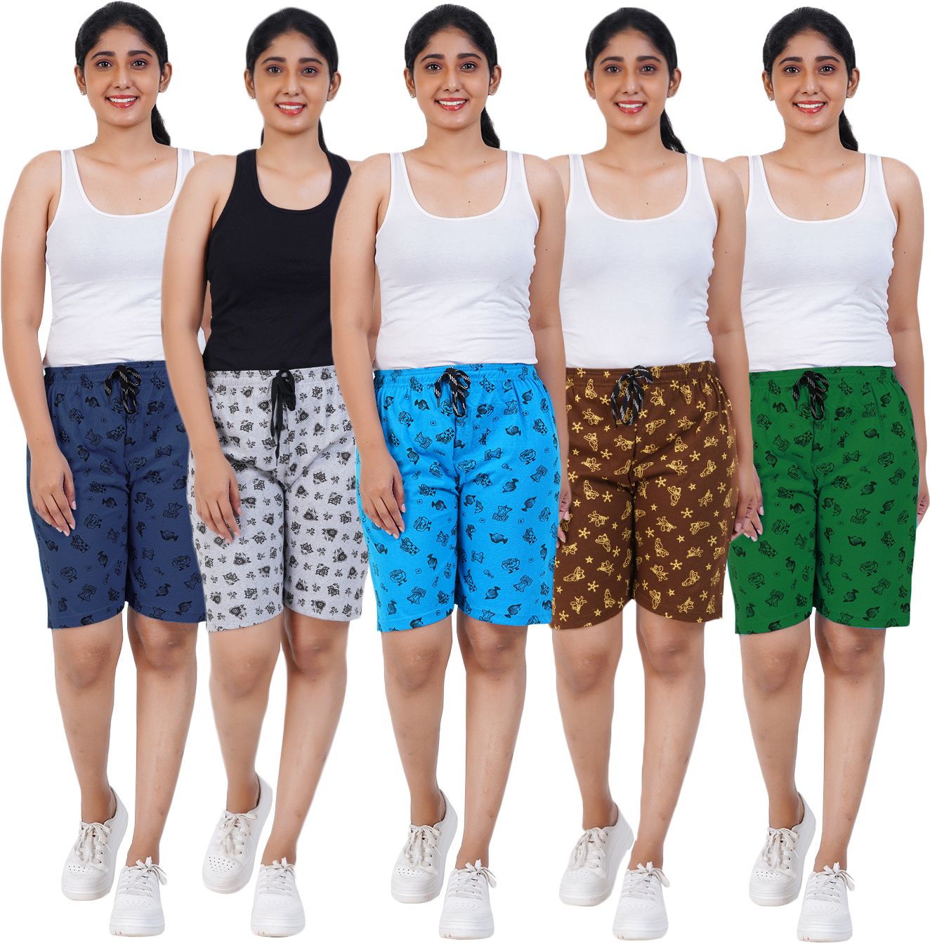 Pack of 5 Printed Women Multicolor Basic Shorts