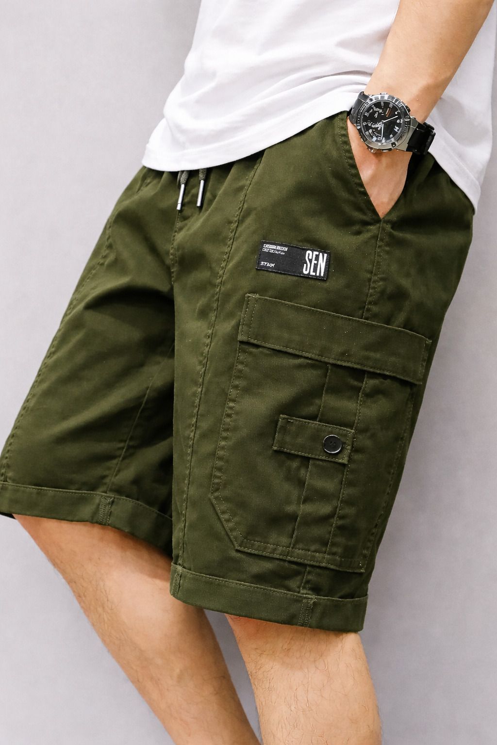 Solid Men Green Cargo Shorts-image-14