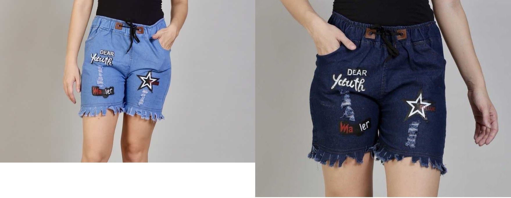 Pack of 2 Self Design Women Denim Light Blue, Dark Blue Denim Shorts-image-11