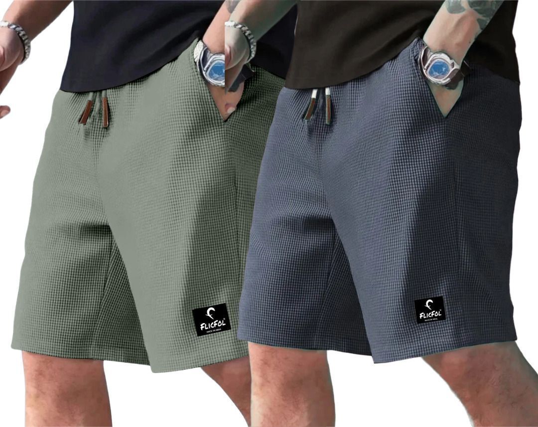 flicfol Pack of 2 Self Design Men Green, Grey Regular Shorts-picture-32