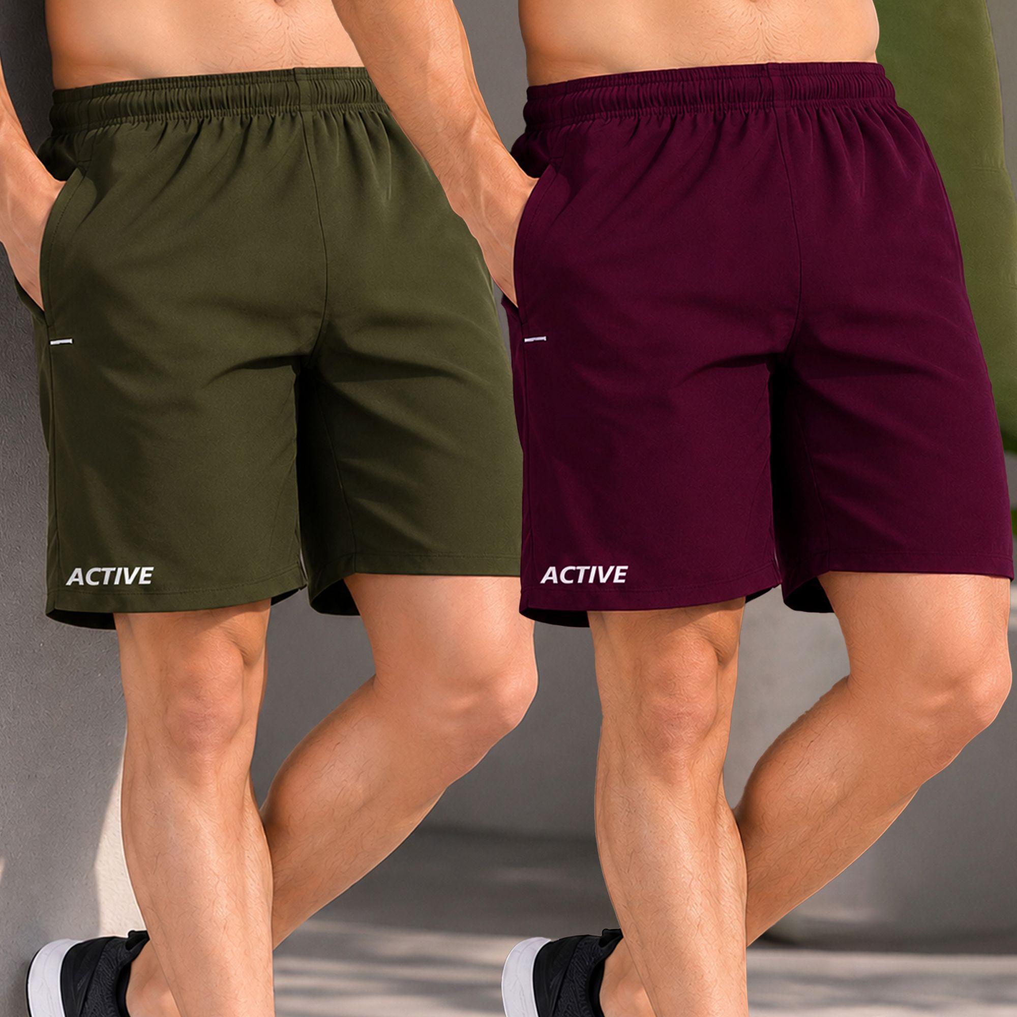 kayro Pack of 2 Solid Men Dark Green, Maroon Casual Shorts-picture-18