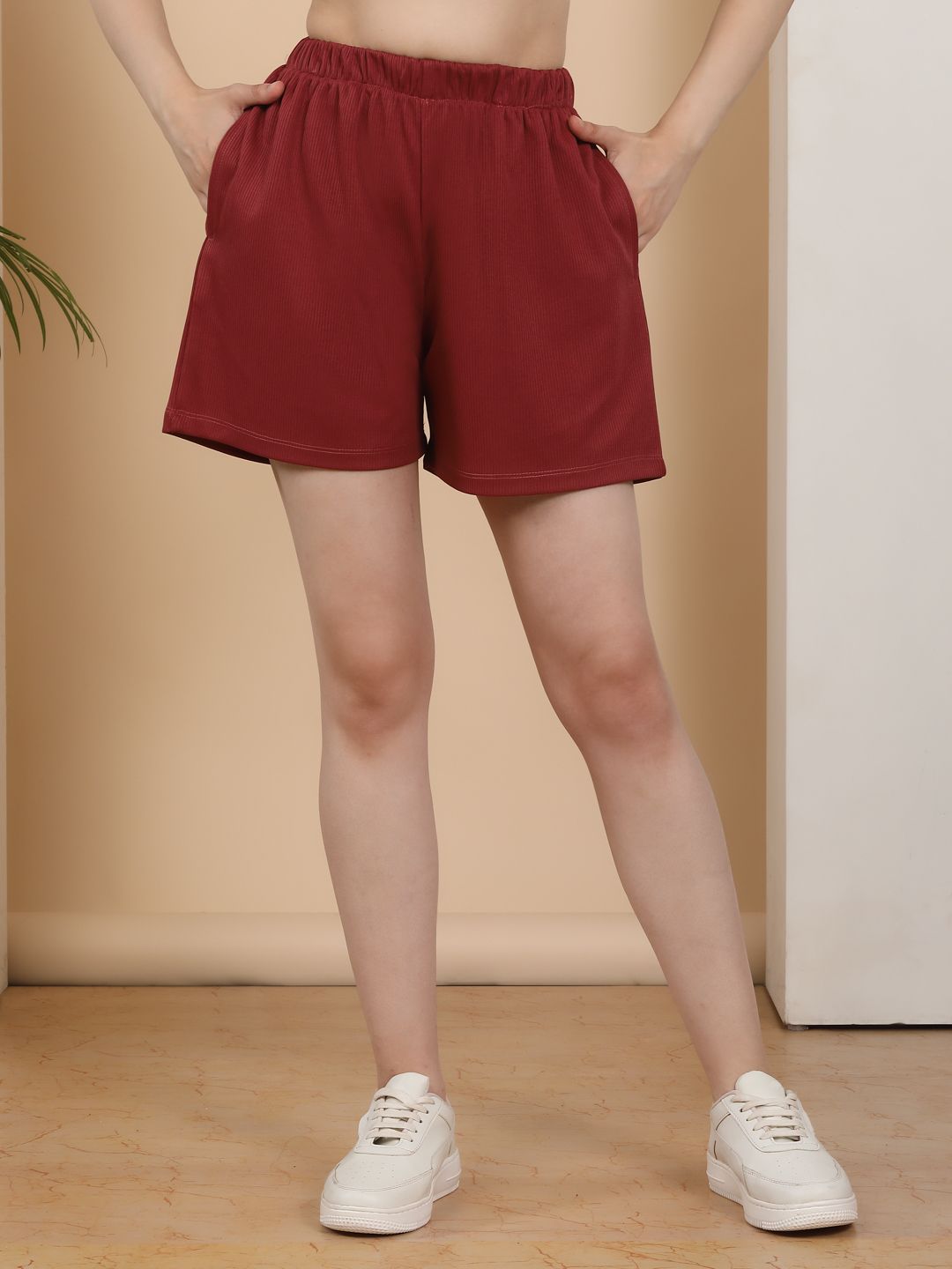 Solid Women Maroon Regular Shorts-image-15