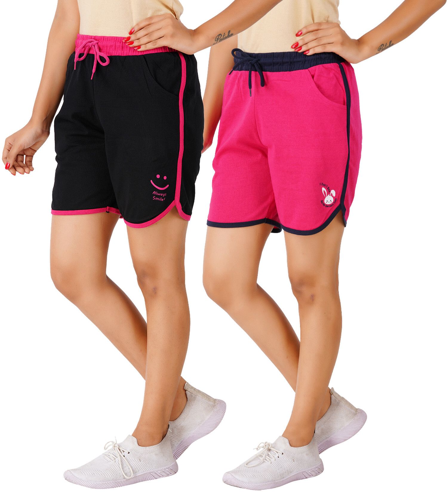 Pack of 2 Solid Women Black, Pink Regular Shorts