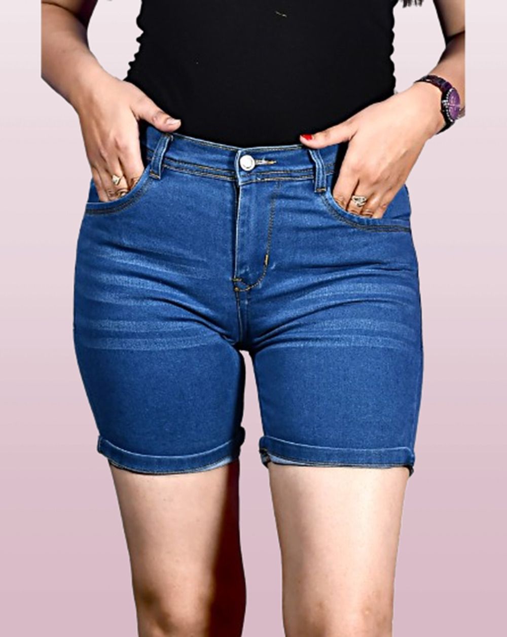 sendipo Solid Women Denim Blue Casual Shorts-picture-14