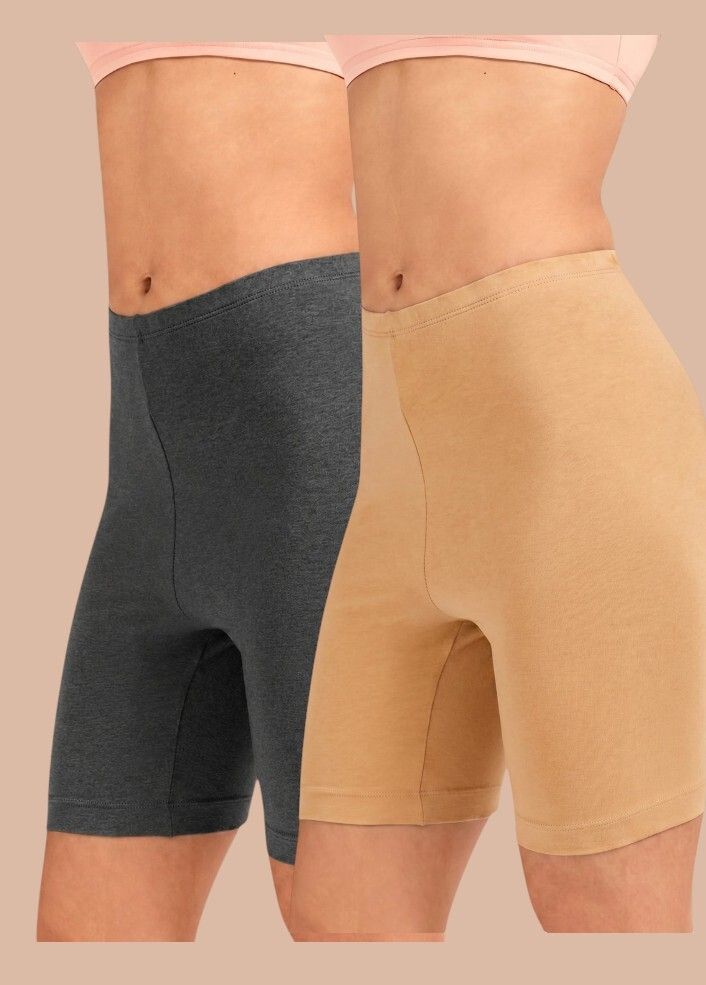 herenow Pack of 2 Solid Women Grey, Beige Cycling Shorts-picture-39