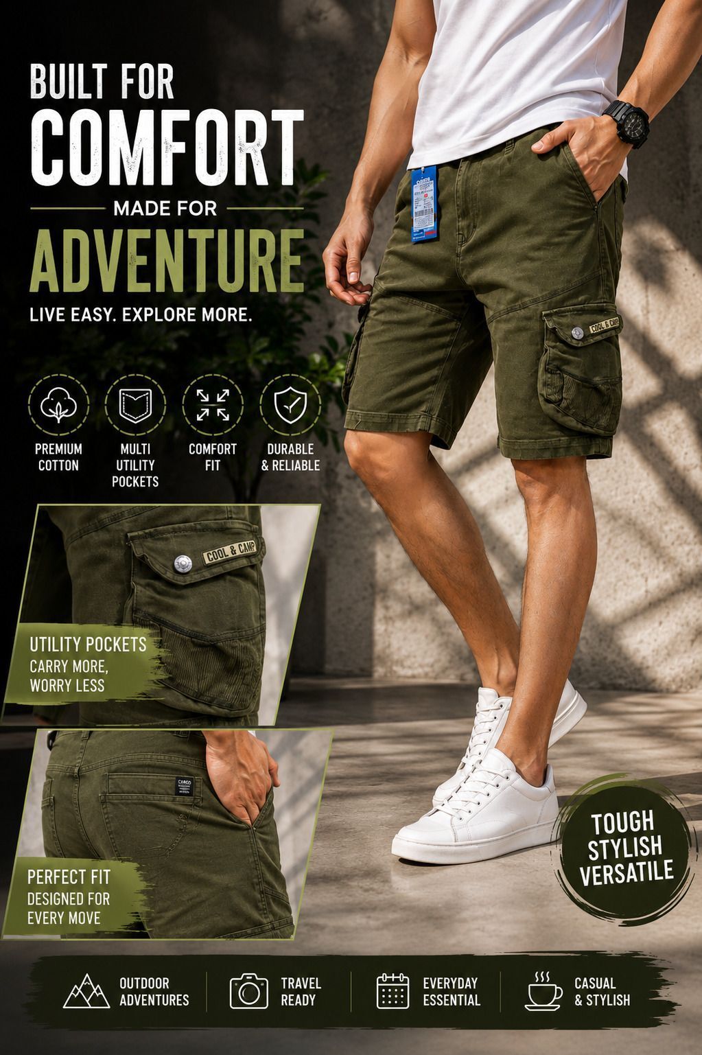 cool & carry Solid Men Dark Green Cargo Shorts-picture-13