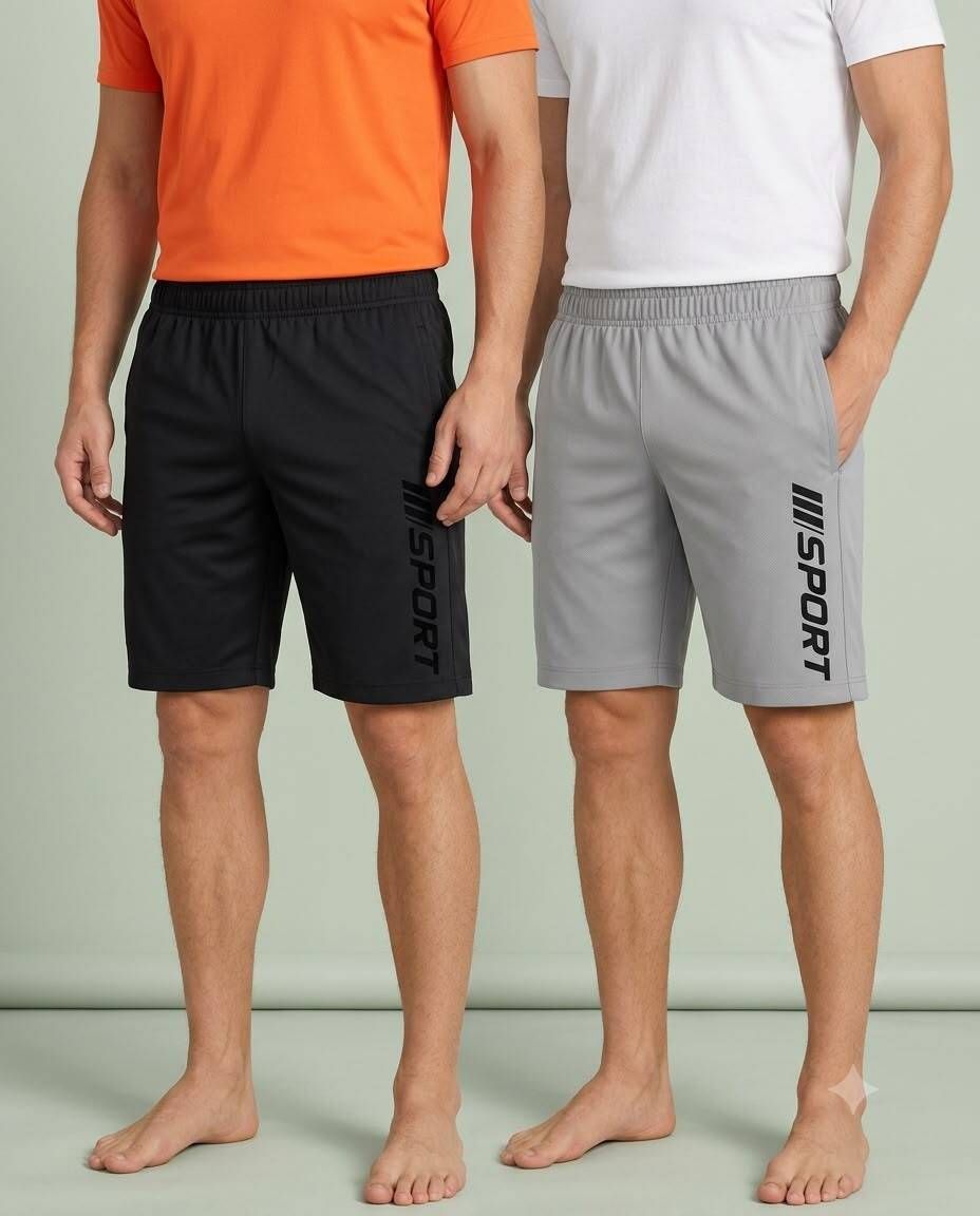sell4u Pack of 2 Solid, Graphic Print Men Black, Grey Sports Shorts-picture-38