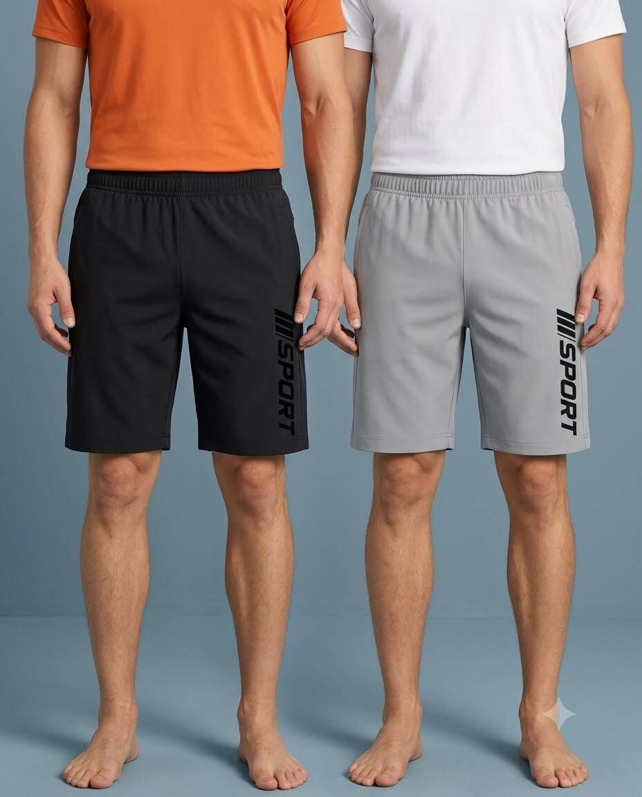 sell4u Pack of 2 Solid, Graphic Print Men Black, Grey Sports Shorts-picture-11