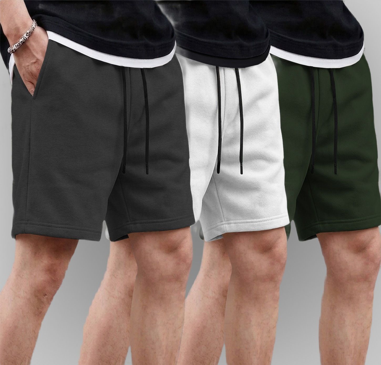 tesseract Pack of 3 Solid Men Black, White, Dark Green Regular Shorts-picture-44