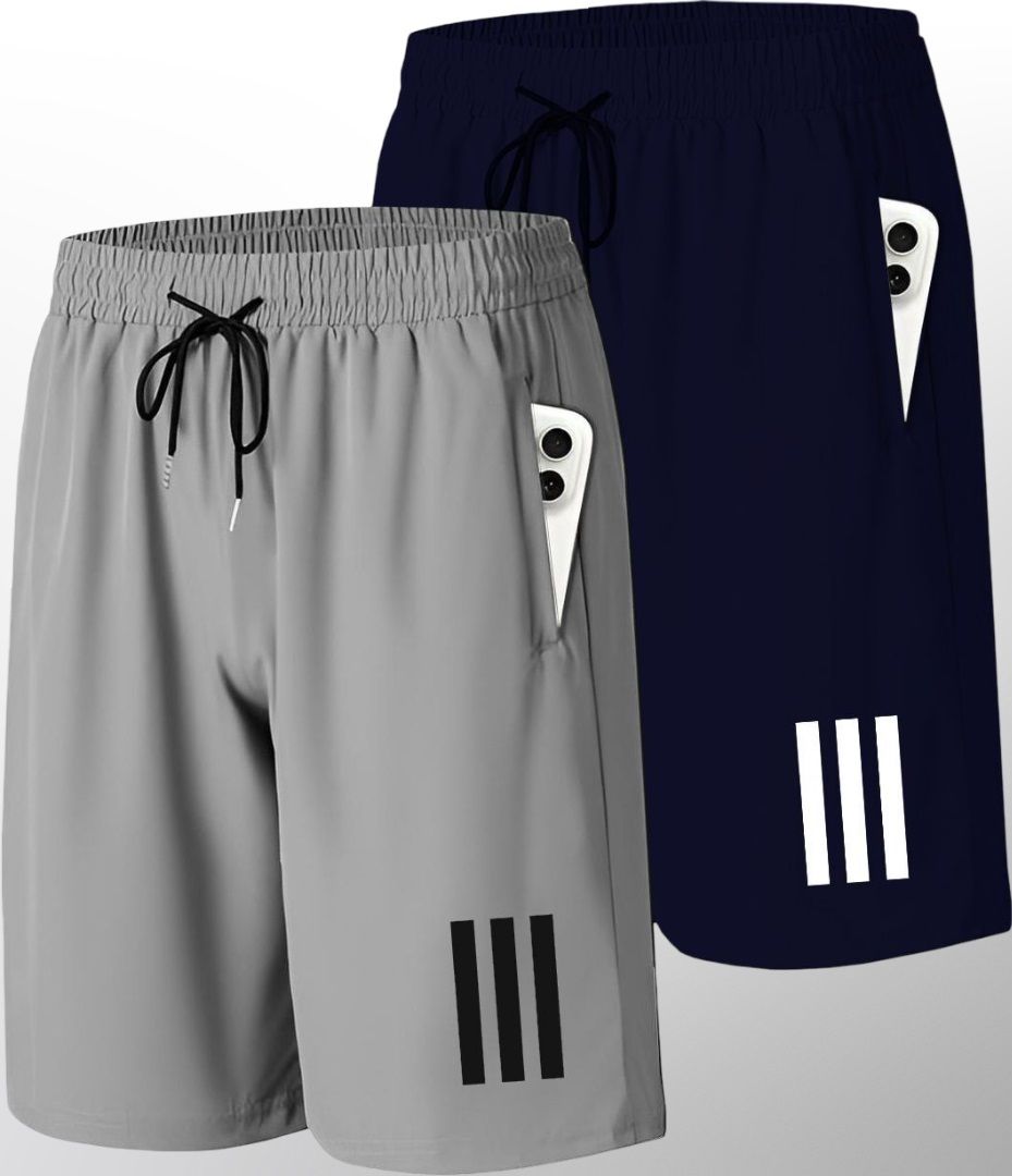 Pack of 2 Striped Men Blue, Grey Sports Shorts-image-30