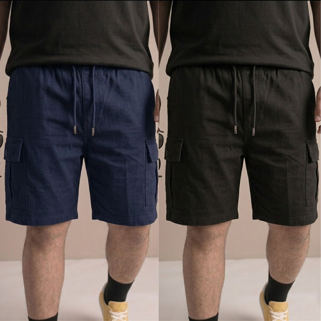 Pack of 2 Solid Men Dark Blue, Black Cargo Shorts-image-29