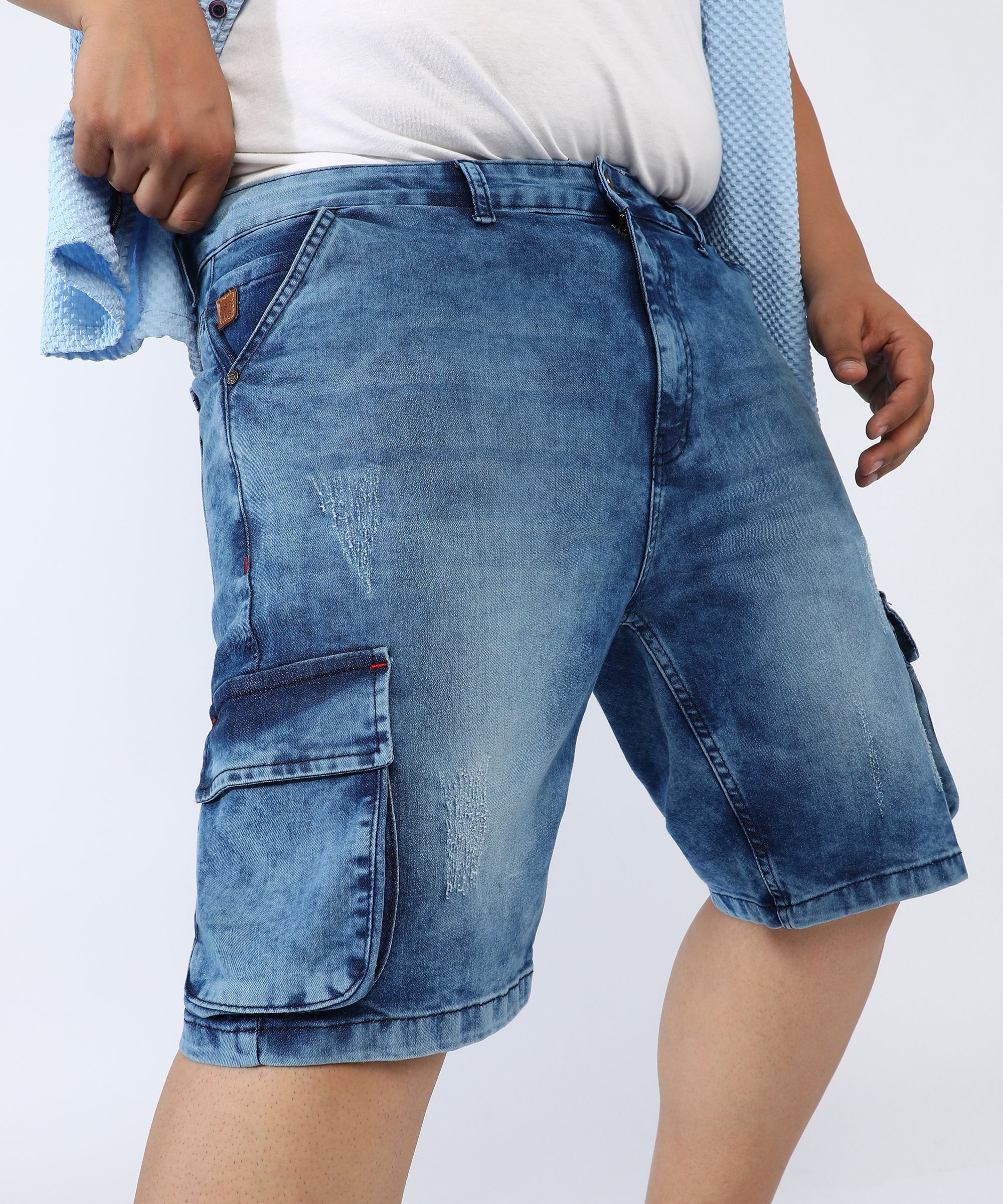 instafab plus Self Design Men Denim Blue Denim Shorts-picture-13