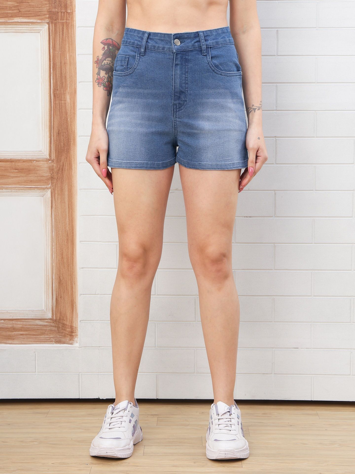 puella Dyed/Washed Women Denim Blue Denim Shorts, High Waist Shorts-picture-3