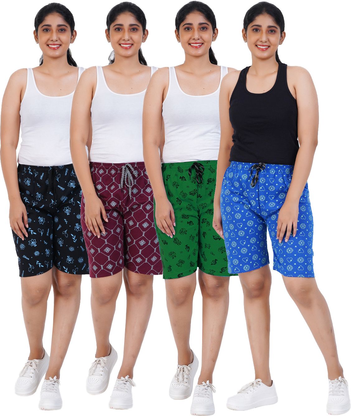 aaliya Pack of 4 Printed Women Black, Maroon, Green, Blue Night Shorts, Casual Shorts-picture-23