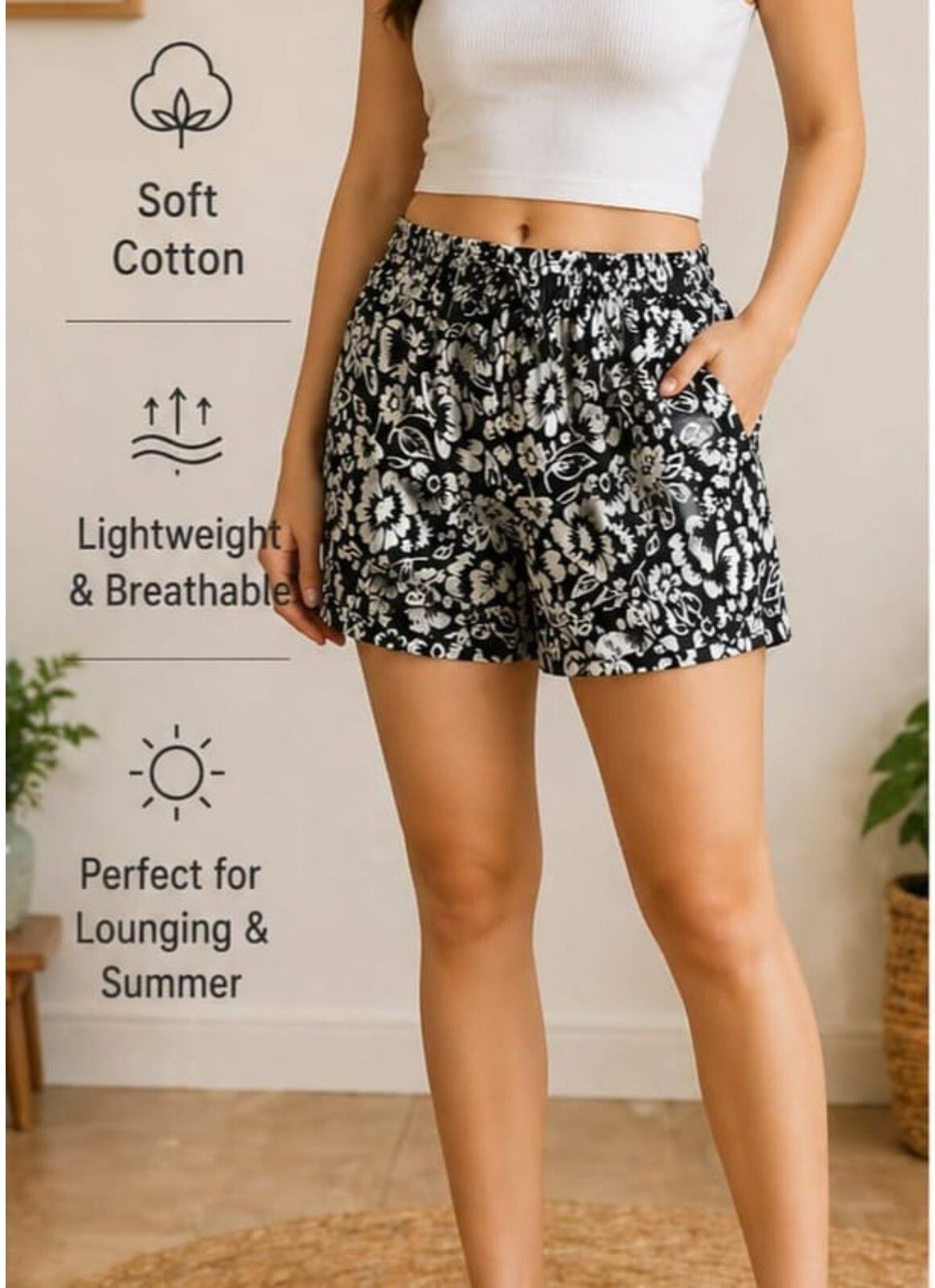 thakur ji Floral Print, Printed Women Black, White Casual Shorts, Regular Shorts, Night Shorts, Sports Shorts-picture-14