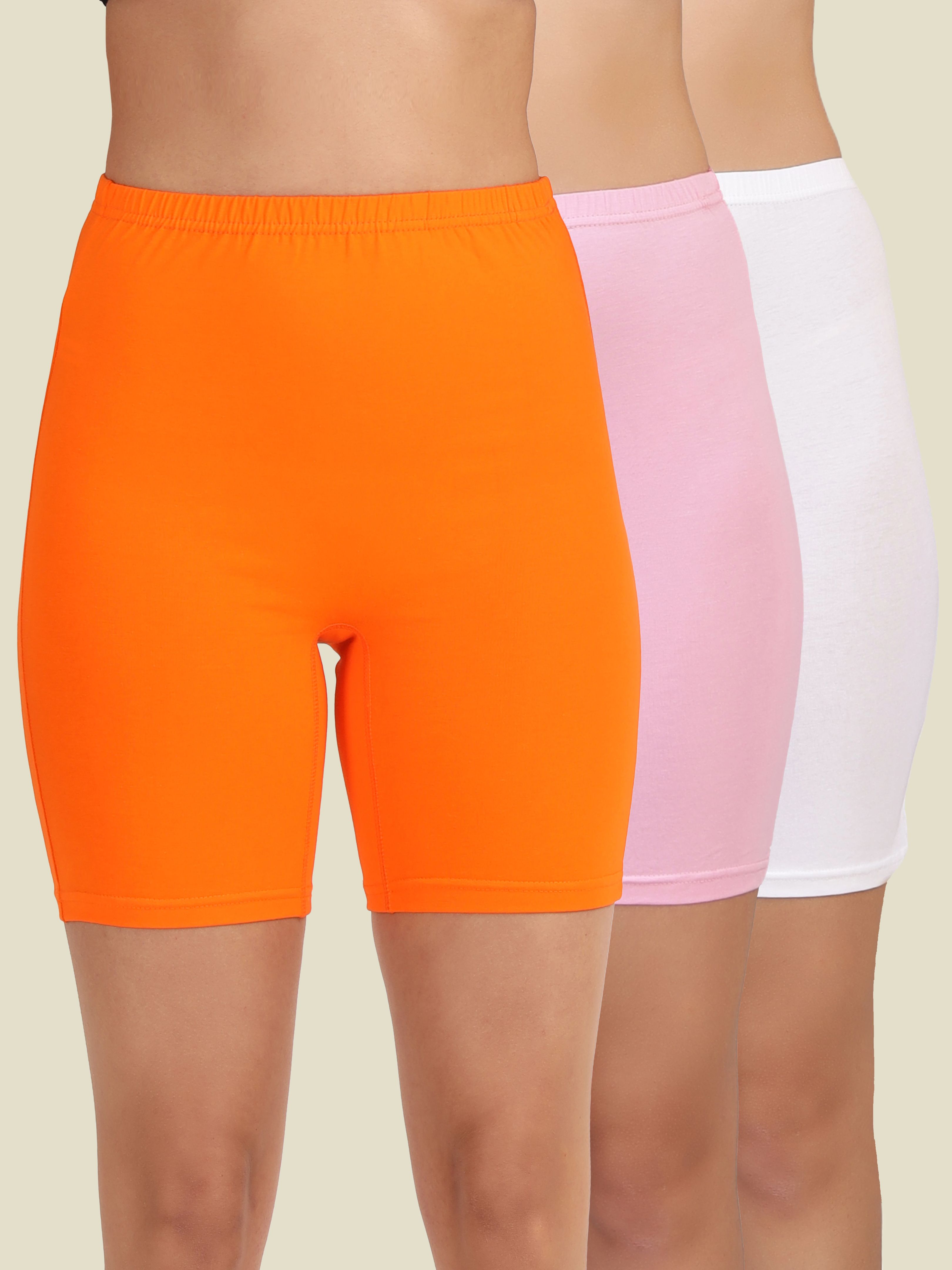 selfcare Pack of 3 Solid Women Orange, Pink, White Cycling Shorts, Gym Shorts, Night Shorts, Regular Shorts, Running Shorts-picture-25