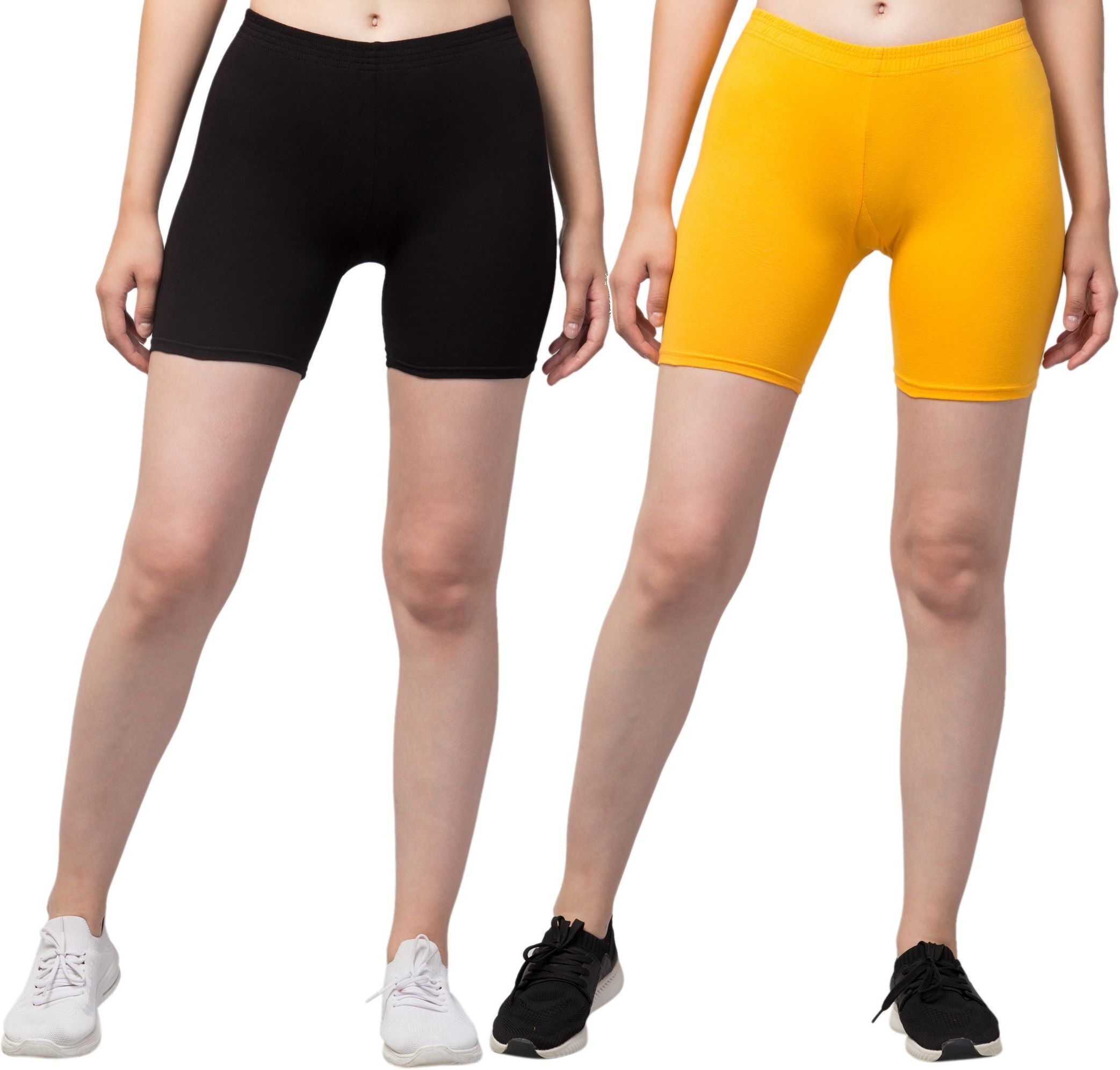 Pack of 2 Solid Women Black, Yellow Sports Shorts-image-3