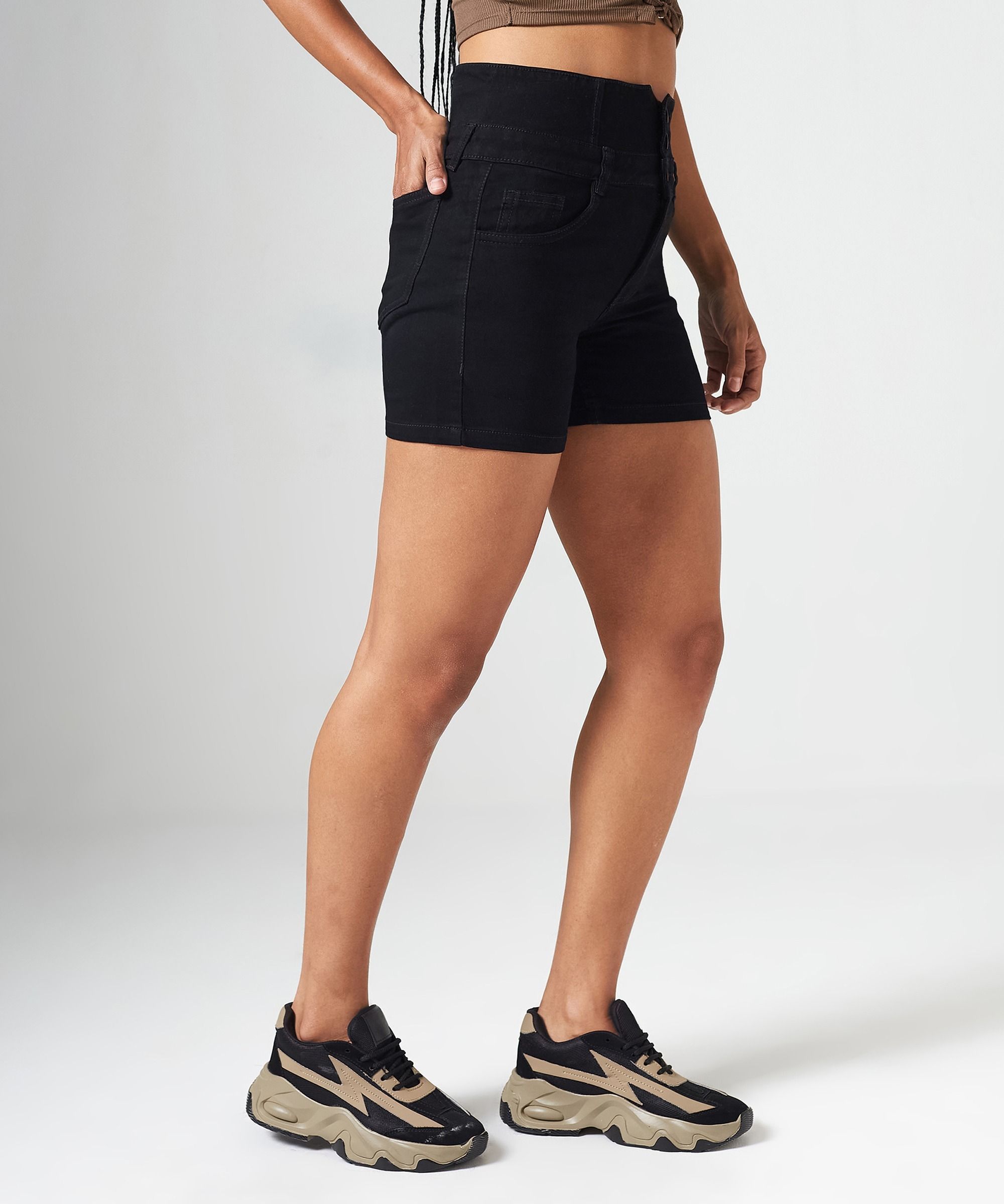 dolce crudo Solid Women Denim Black Denim Shorts-picture-19