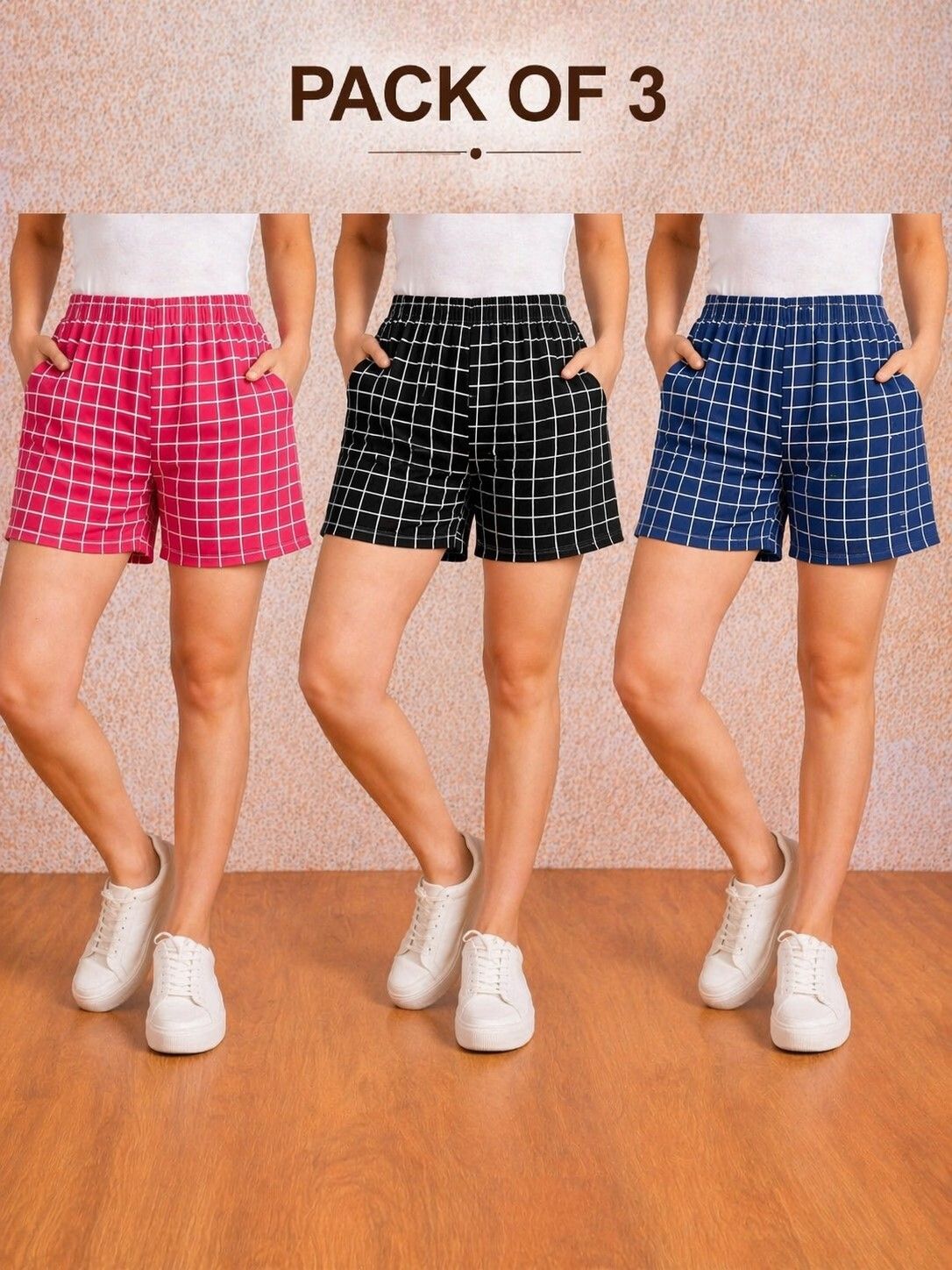 ananta design Pack of 3 Checkered, Printed Women Black, Blue, Pink Casual Shorts-picture-26