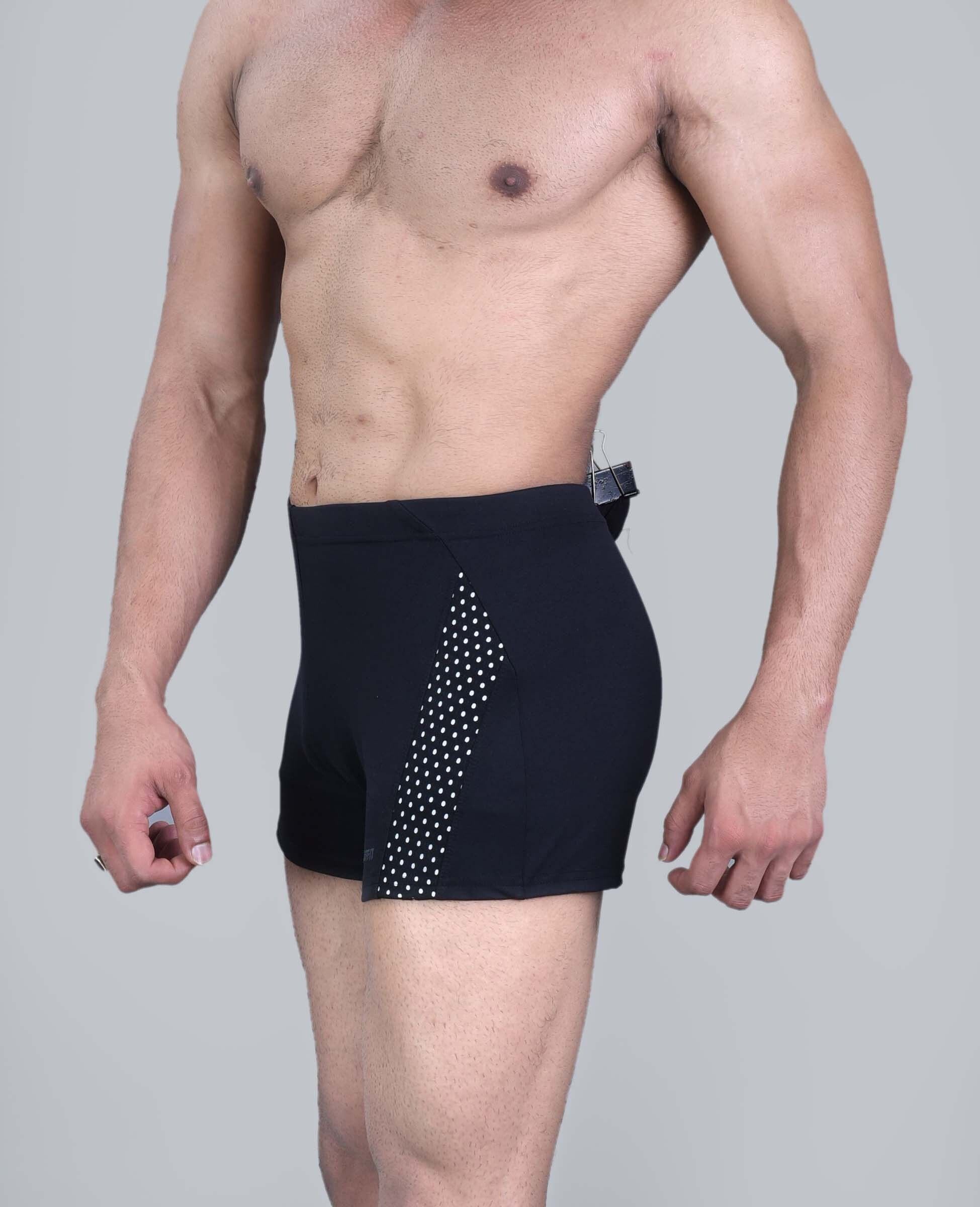 men black swimming trunks with contrast mesh pannel design Self Design Men Swim Bottom Black Swimsuit-image-37