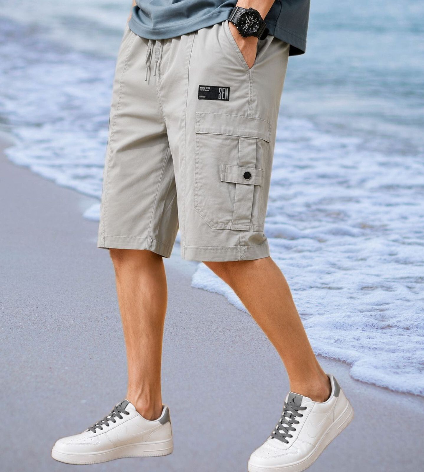 Solid Men Grey Cargo Shorts, Casual Shorts-image-15