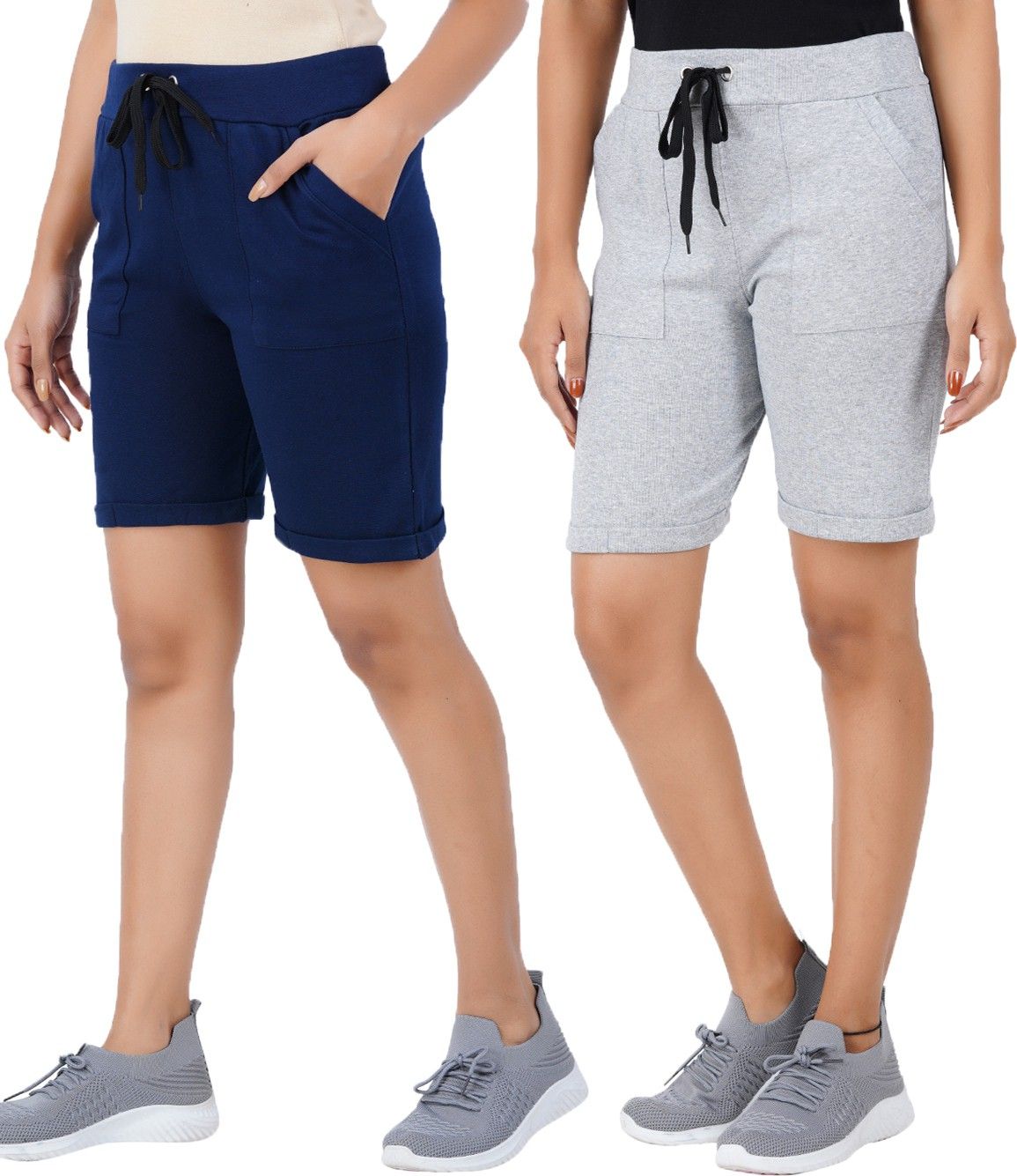 thirteen eleven Pack of 2 Solid Women Grey, Dark Blue Regular Shorts-picture-28