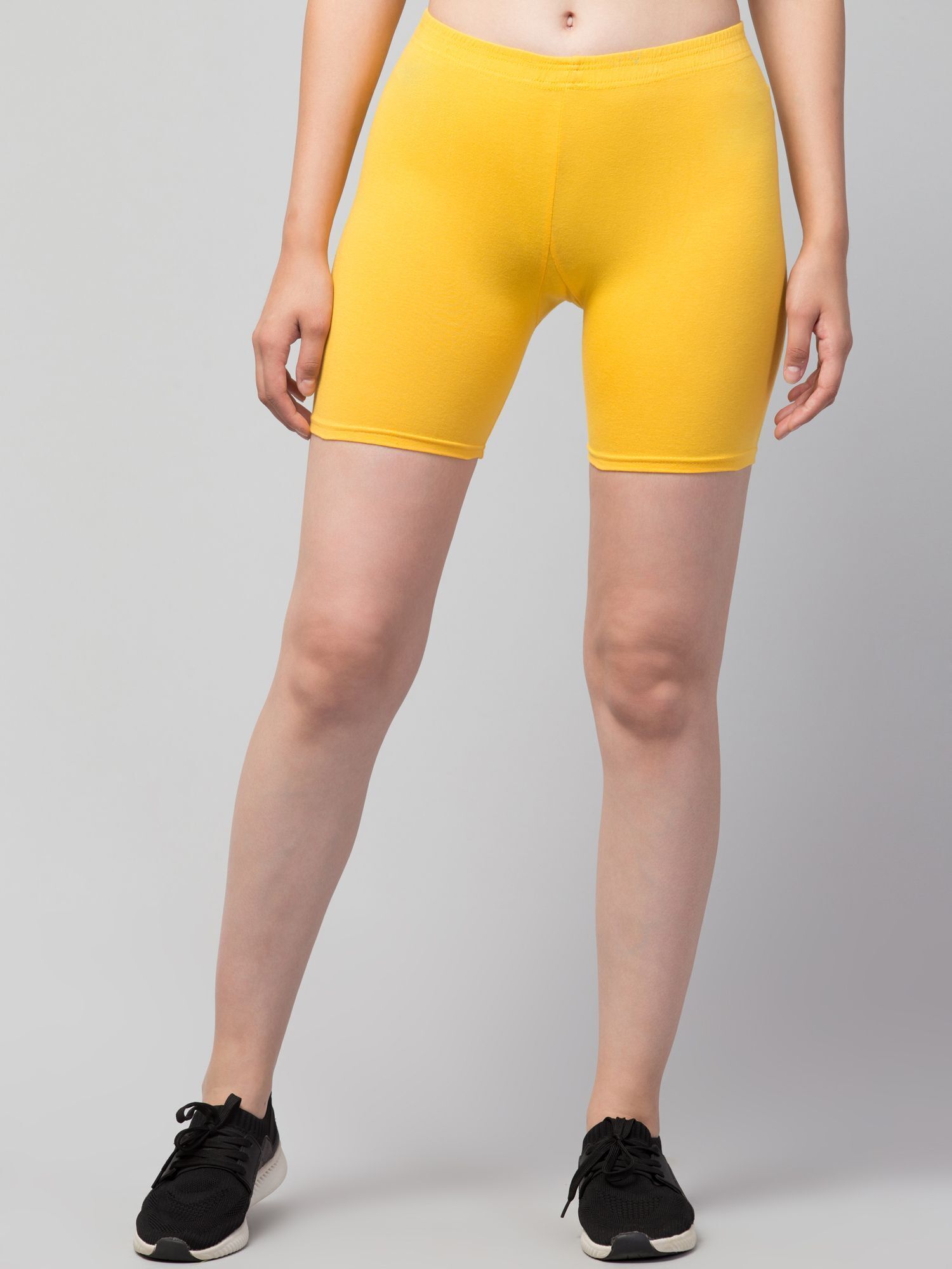 Solid Women Yellow Regular Shorts-image-4