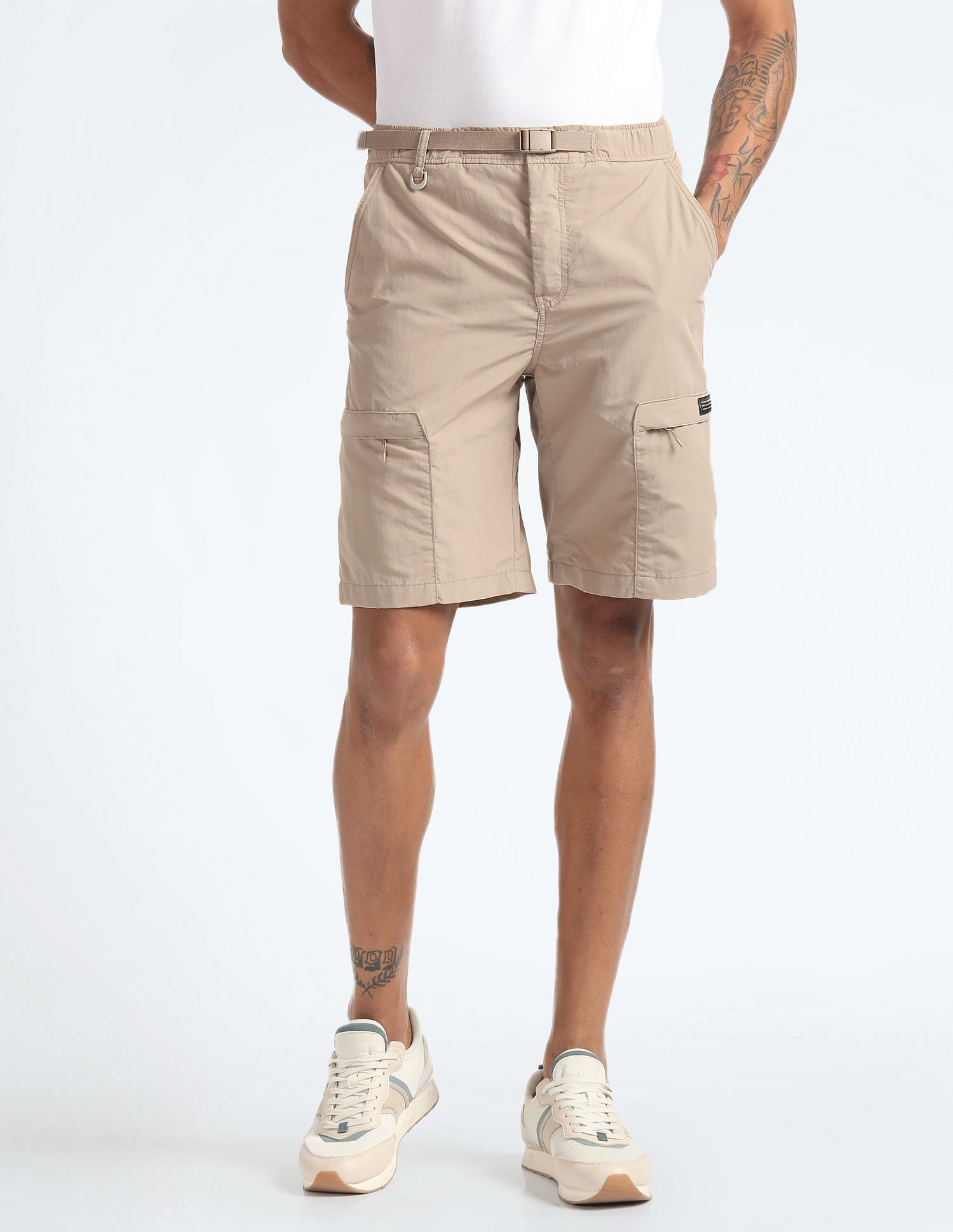 Solid Men Beige Cargo Shorts-image-31