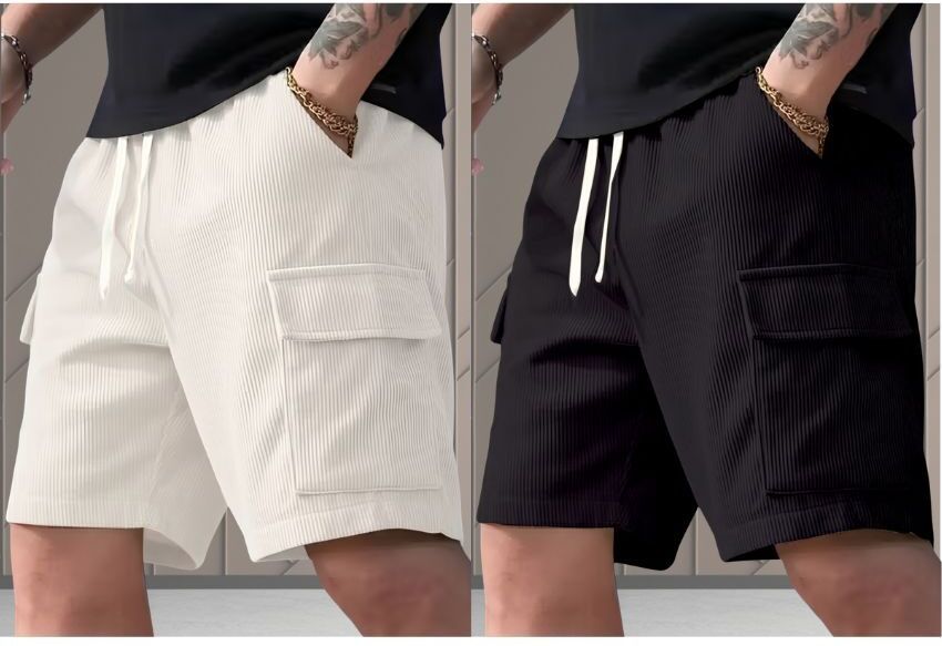 vivek Pack of 2 Solid Men Black, White Cargo Shorts-picture-12
